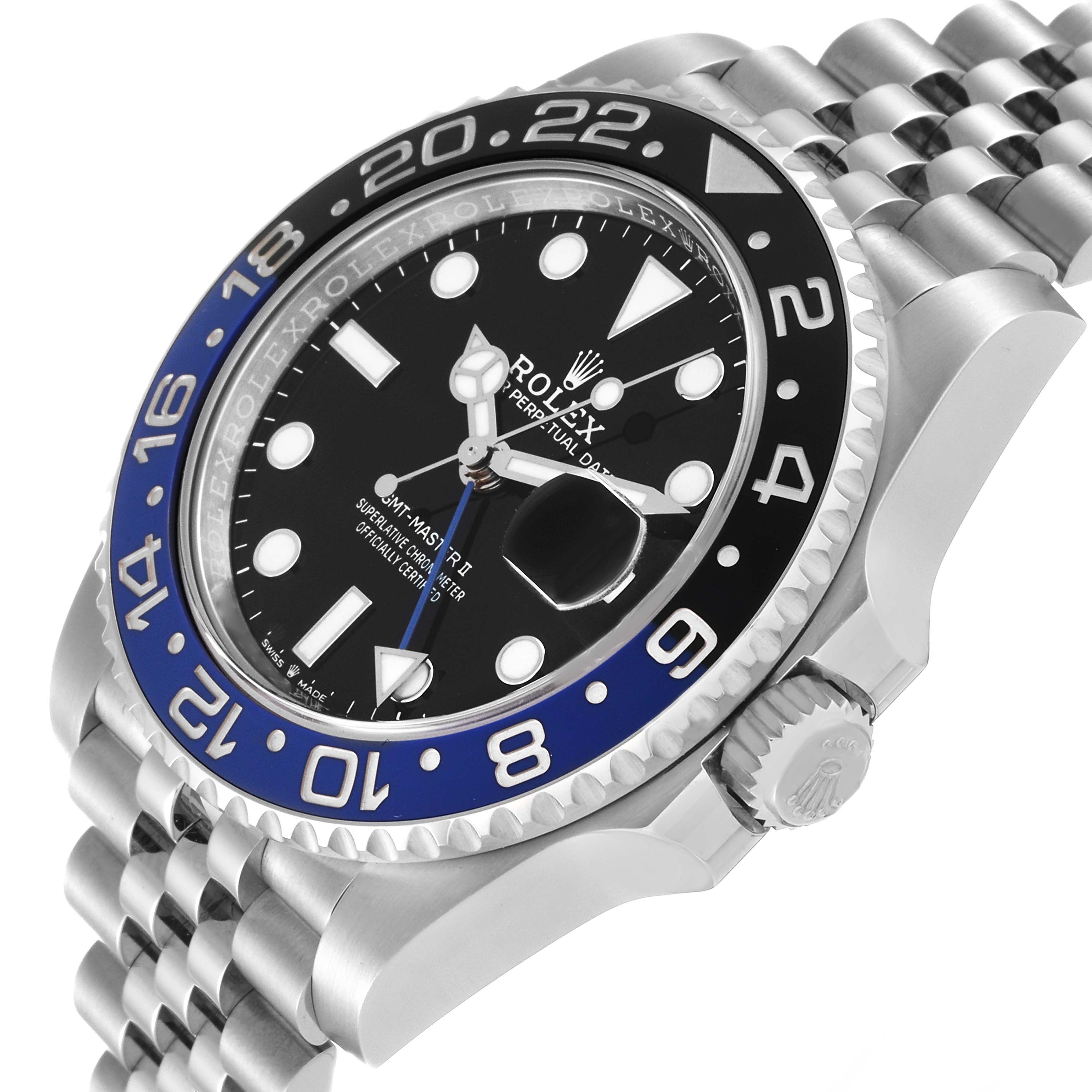 The image shows a side angle of a Rolex GMT-Master 126710 Men's Stainless Steel Black Dial 126710 Men's Stainless Steel Black Dial watch featuring its bezel, crown, dial, and Jubilee bracelet.