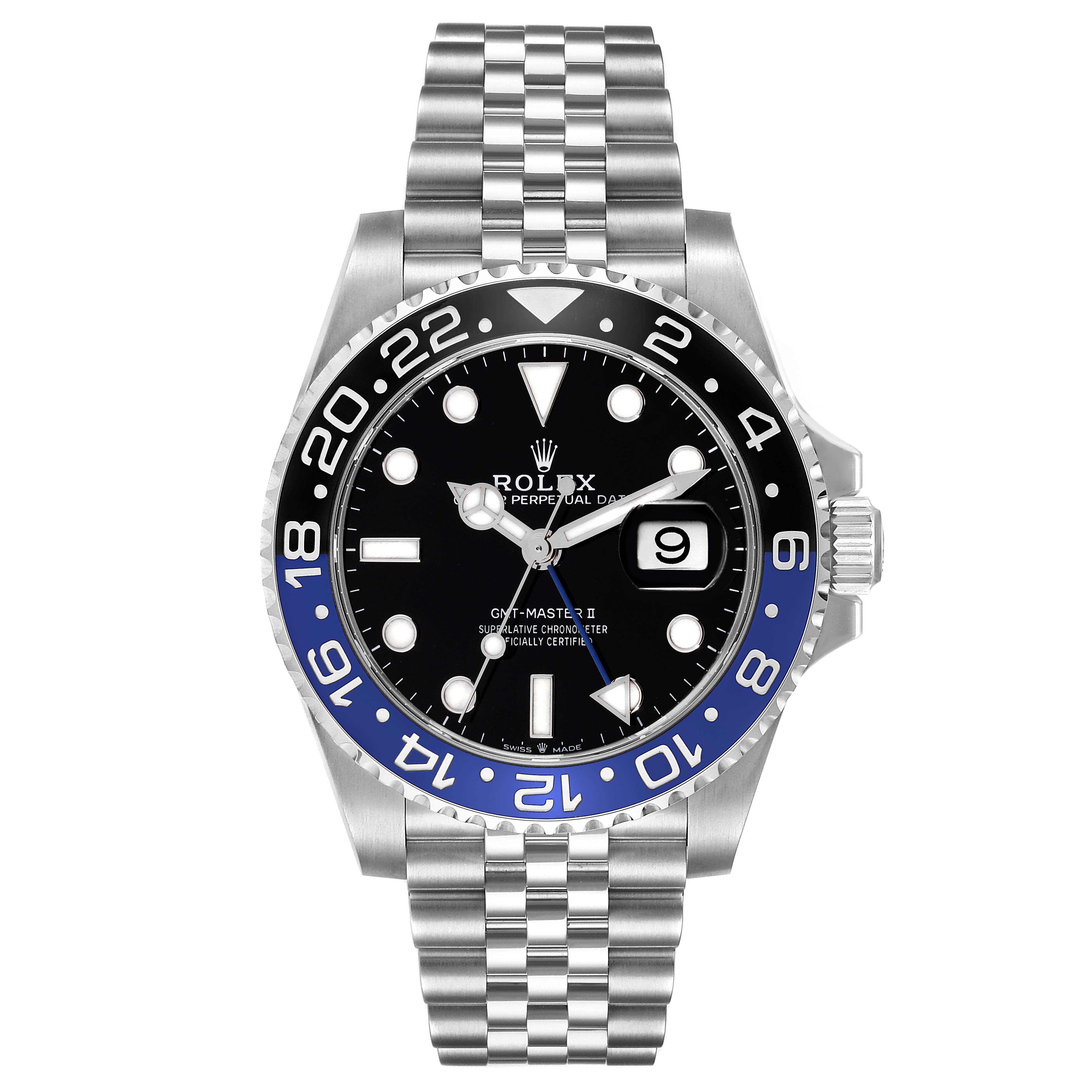 This image shows a front view of a Rolex GMT-Master 126710 Men's Stainless Steel Black Dial 126710 Men's Stainless Steel Black Dial II with a jubilee bracelet and a black and blue bezel.