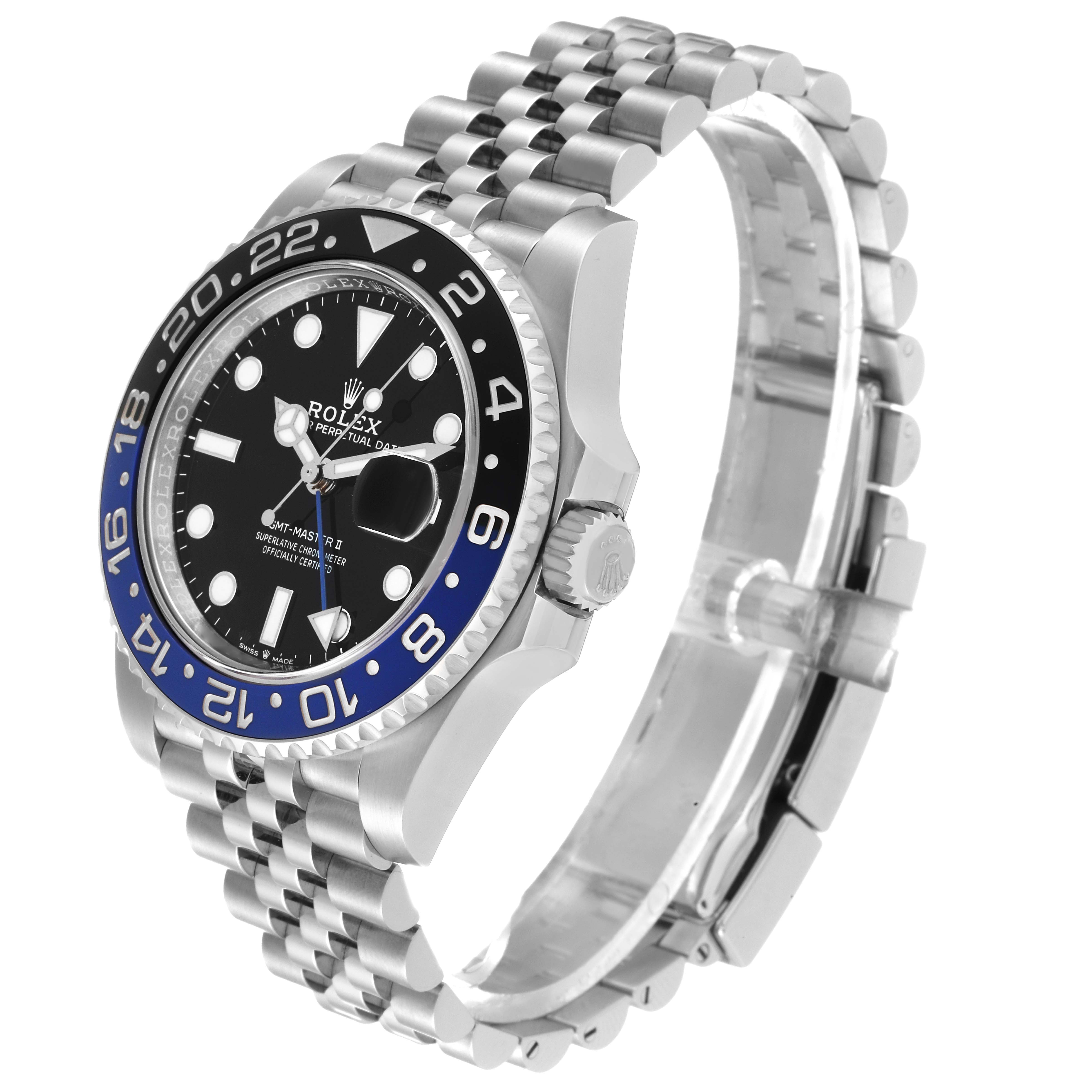 The image shows a close-up side-angle view of the Rolex GMT-Master 126710 Men's Stainless Steel Black Dial 126710 Men's Stainless Steel Black Dial watch, focusing on the bezel, crown, and bracelet.