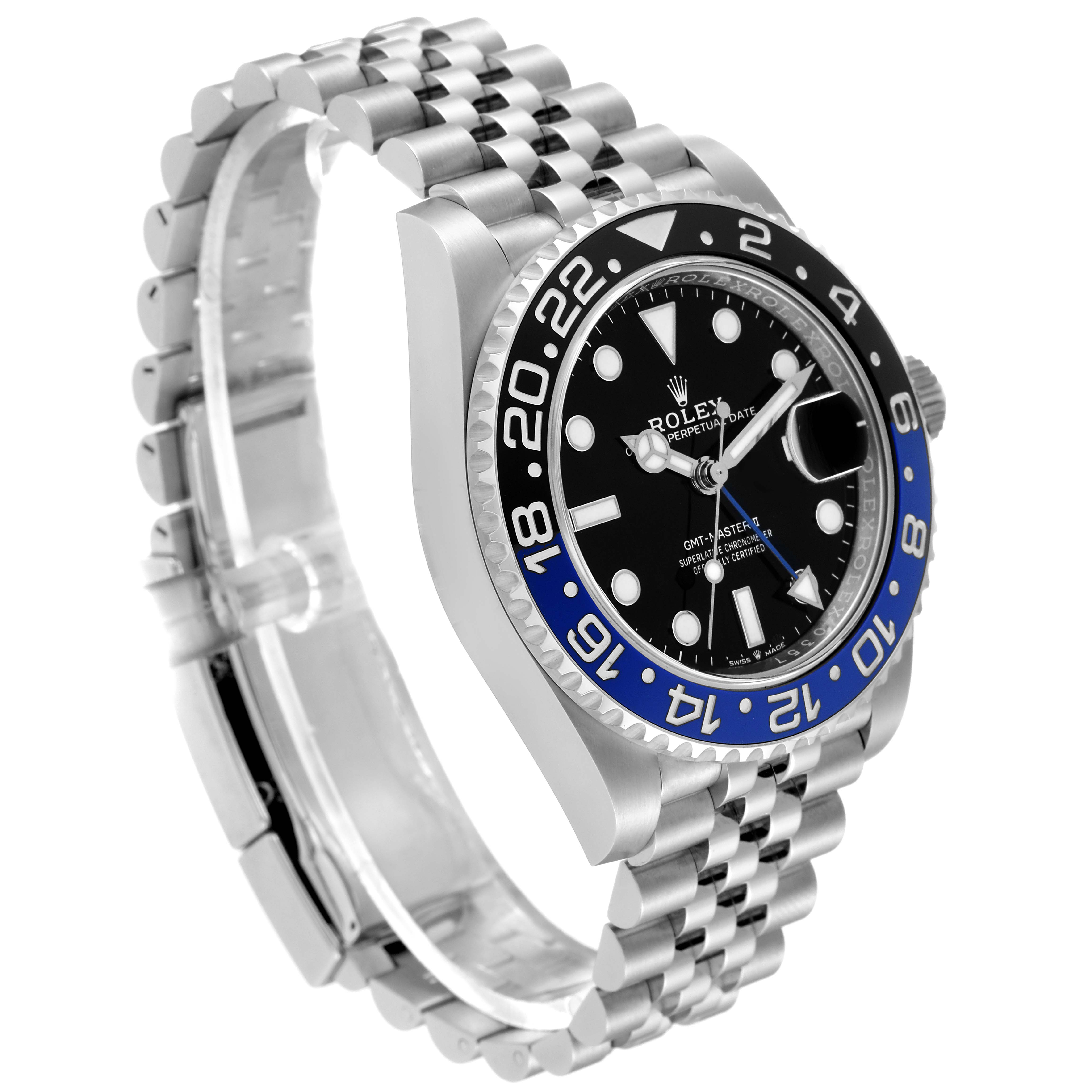 The image shows a Rolex GMT-Master 126710 Men's Stainless Steel Black Dial 126710 Men's Stainless Steel Black Dial watch angled to display the face, bezel, and bracelet.