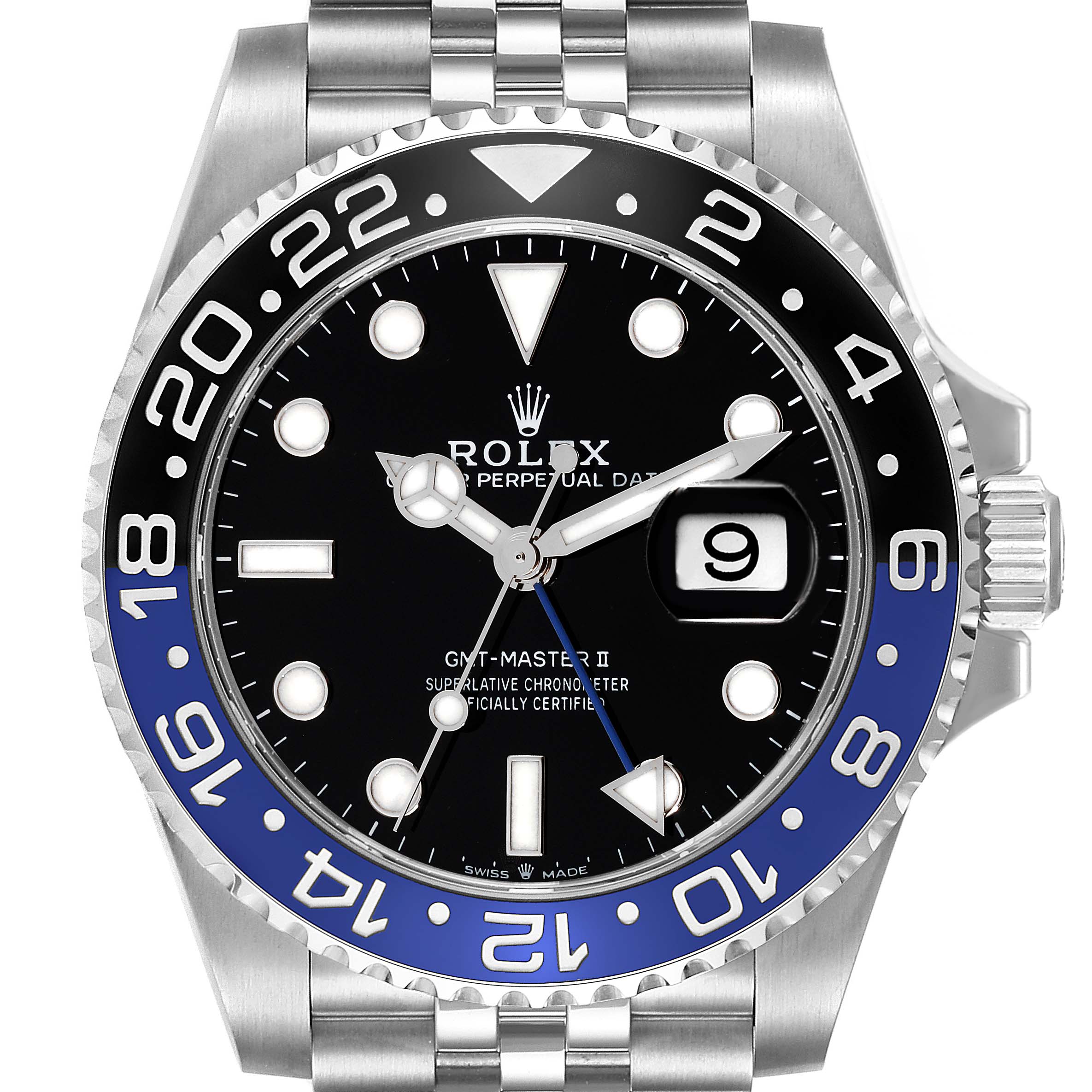 The image shows a front view of the Rolex GMT-Master 126710 Men's Stainless Steel Black Dial 126710 Men's Stainless Steel Black Dial II watch, highlighting the bezel, dial, and part of the bracelet.
