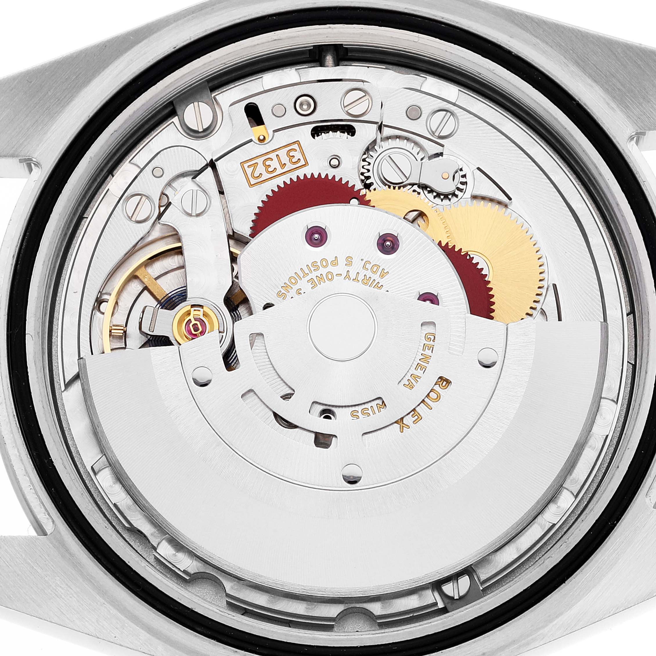 This image shows the movement mechanism of a Rolex Oyster Perpetual 114300 Men's Stainless Steel Black Dial 114300 Men's Stainless Steel Black Dial watch from a top-down angle.