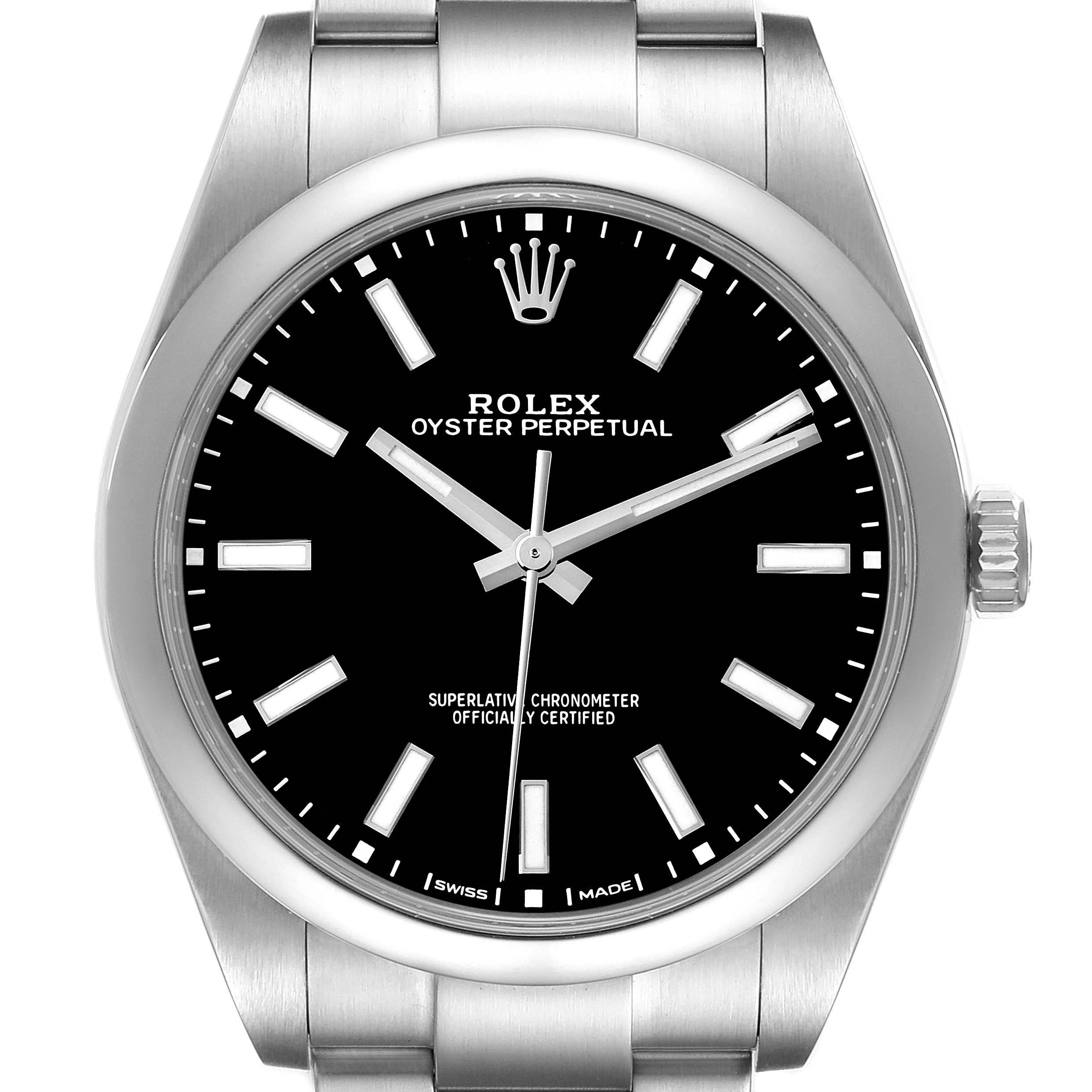 This is a front view of the Rolex Oyster Perpetual 114300 Men's Stainless Steel Black Dial 114300 Men's Stainless Steel Black Dial watch, showing the face, bezel, crown, and part of the bracelet.