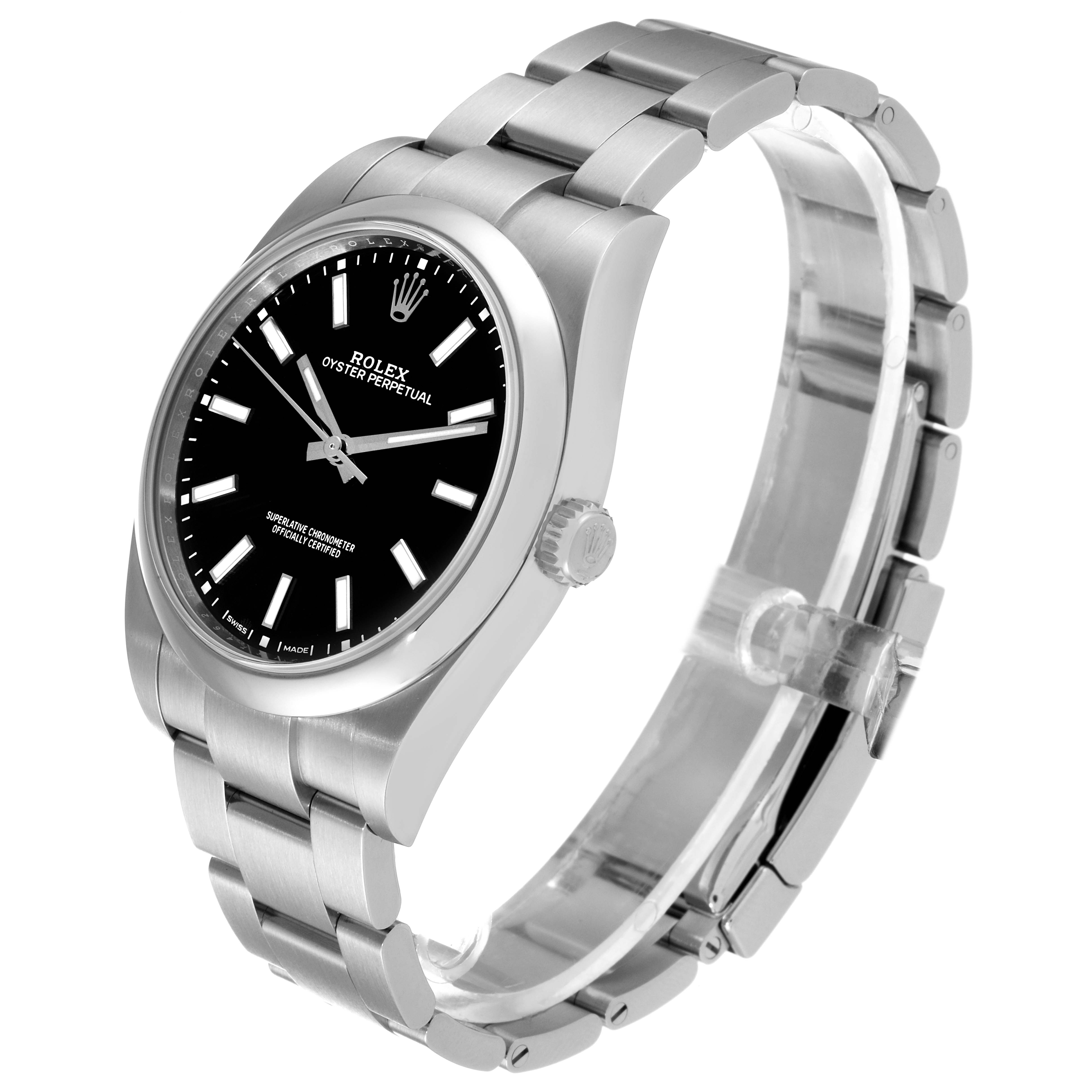The Rolex Oyster Perpetual 114300 Men's Stainless Steel Black Dial 114300 Men's Stainless Steel Black Dial watch is shown at a three-quarter angle, displaying its face, crown, and bracelet.
