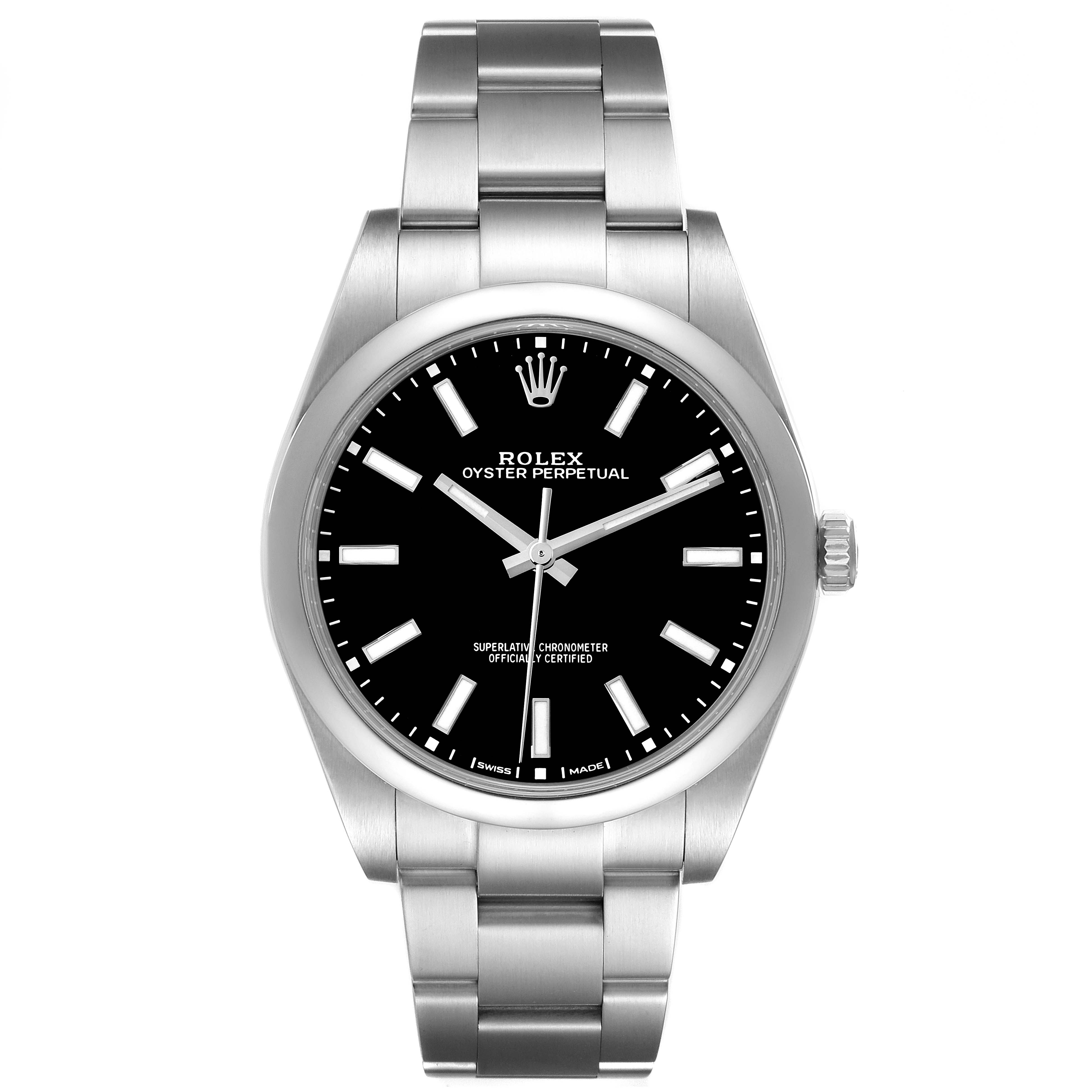 The image shows a front view of the Rolex Oyster Perpetual 114300 Men's Stainless Steel Black Dial 114300 Men's Stainless Steel Black Dial watch, highlighting the dial, hands, bracelet, and crown.