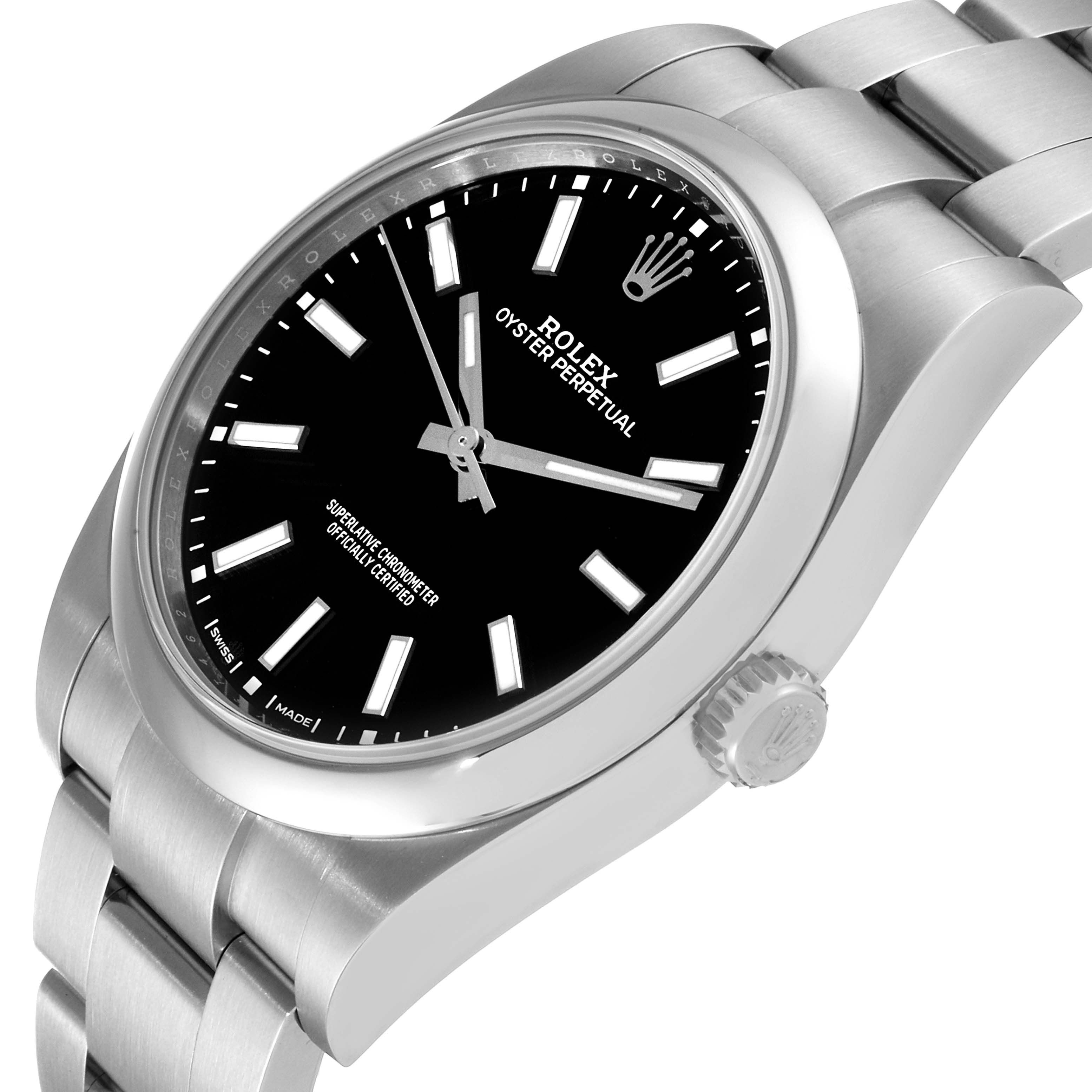 This image shows a close-up side angle of a Rolex Oyster Perpetual 114300 Men's Stainless Steel Black Dial 114300 Men's Stainless Steel Black Dial, highlighting the crown, bezel, and part of the bracelet.