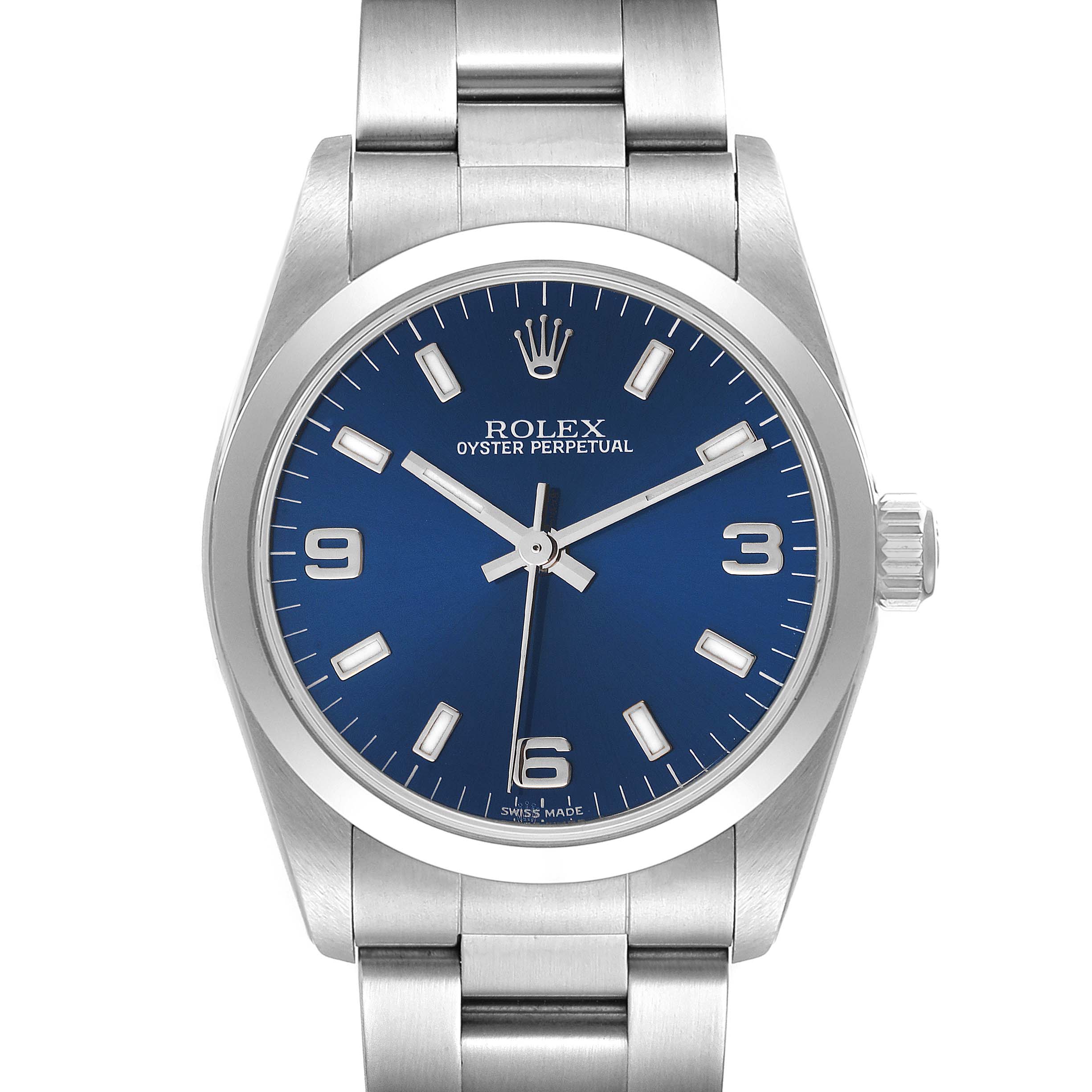 The image shows a front view of a Rolex Oyster Perpetual Mid-Size watch, highlighting its blue dial, stainless steel case, and bracelet.
