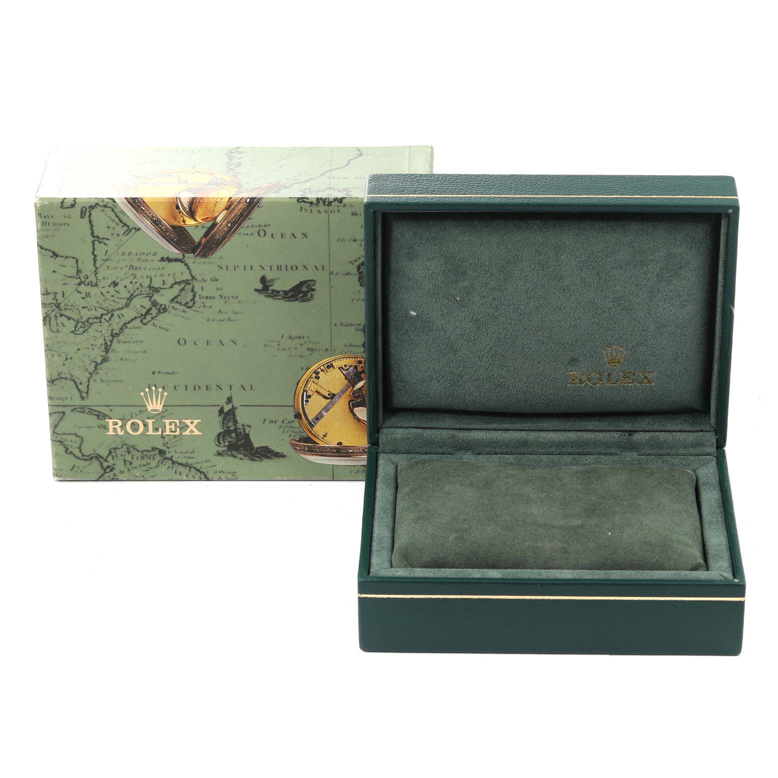 The image shows a green Rolex watch box and its outer sleeve for the Mid-Size model, both viewed from the front.