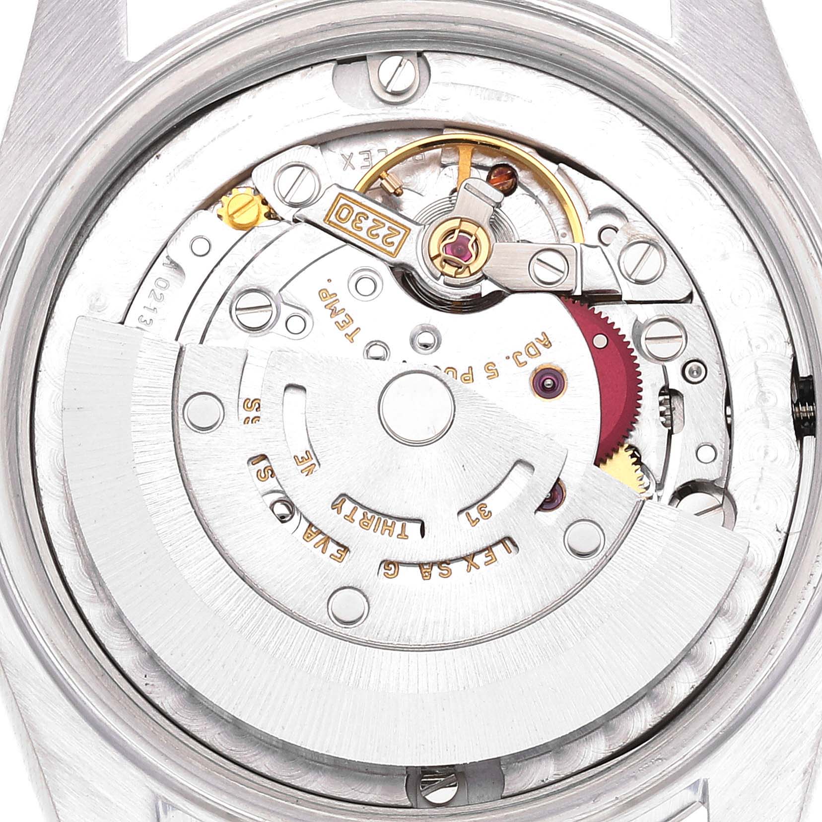 This image shows the internal movement and mechanism of a Rolex Mid-Size 77080 Women
s Stainless Steel Blue Dial 77080 Women
s Stainless Steel Blue Dial model watch from a top-down angle.