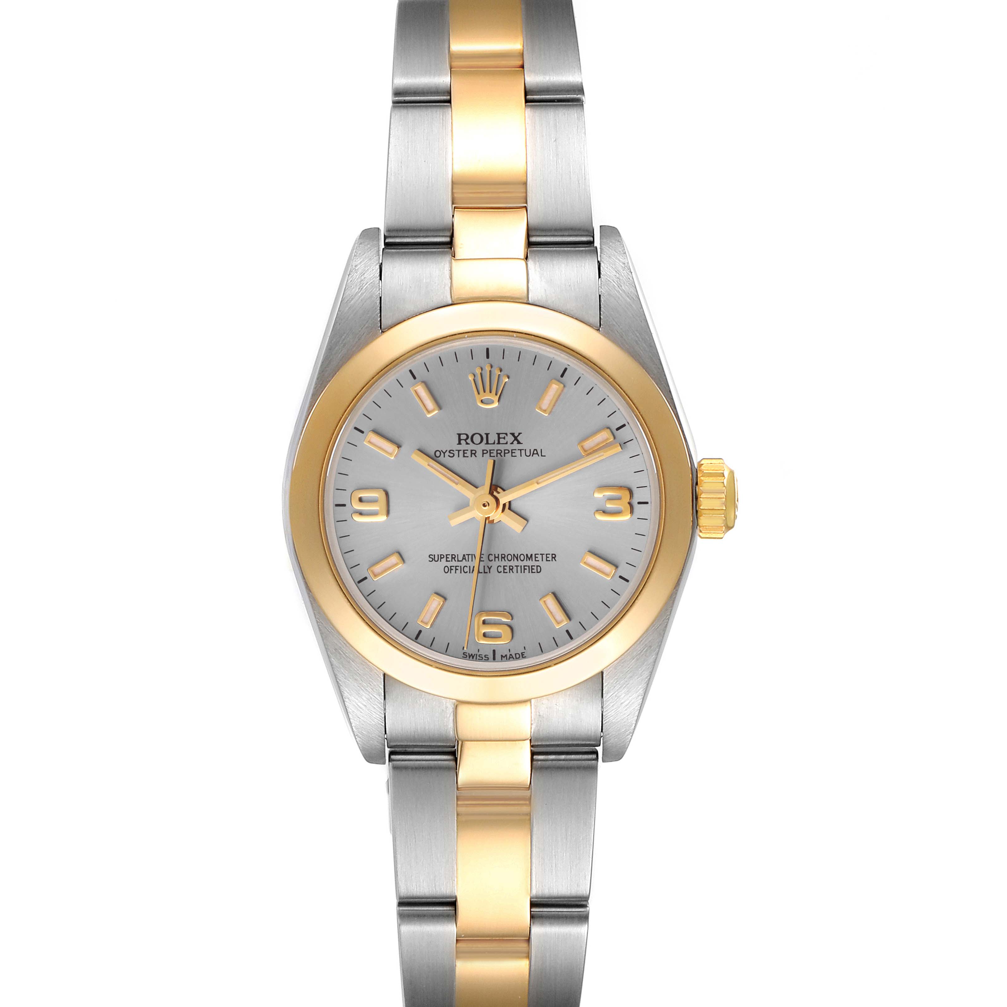 This image shows a Rolex Oyster Perpetual 76183 Women's Steel and Gold (two tone) Grey Dial 76183 Women's Steel and Gold (two tone) Grey Dial watch from a top-down angle, highlighting its dial, bezel, and two-tone bracelet.