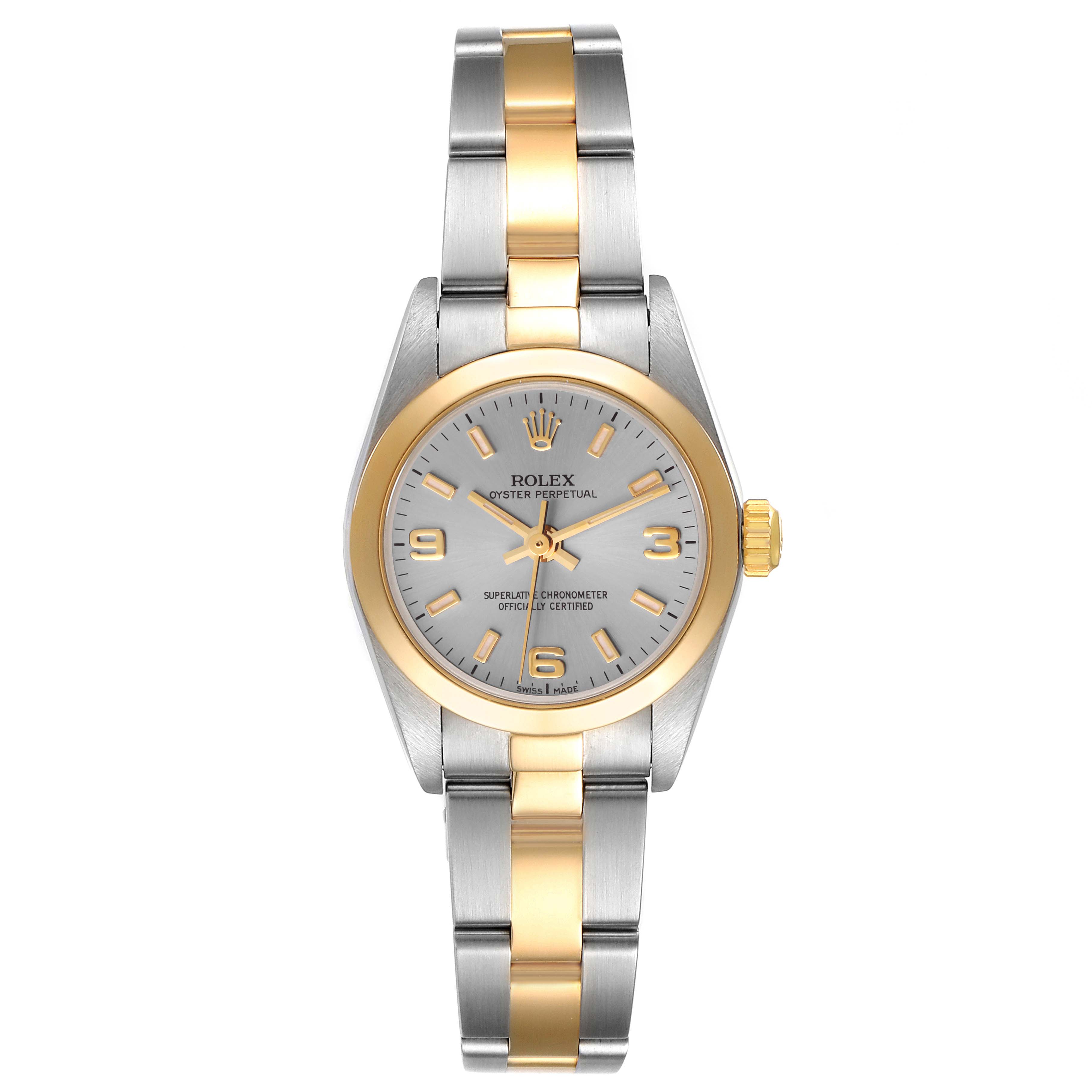 The image shows a Rolex Oyster Perpetual 76183 Women's Steel and Gold (two tone) Grey Dial 76183 Women's Steel and Gold (two tone) Grey Dial watch from a top-down angle, highlighting the dial, bezel, and bracelet.
