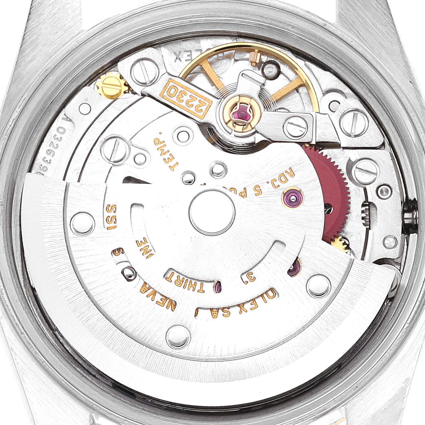 The image shows a close-up view of the movement mechanism of a Rolex Oyster Perpetual 76183 Women's Steel and Gold (two tone) Grey Dial 76183 Women's Steel and Gold (two tone) Grey Dial watch.