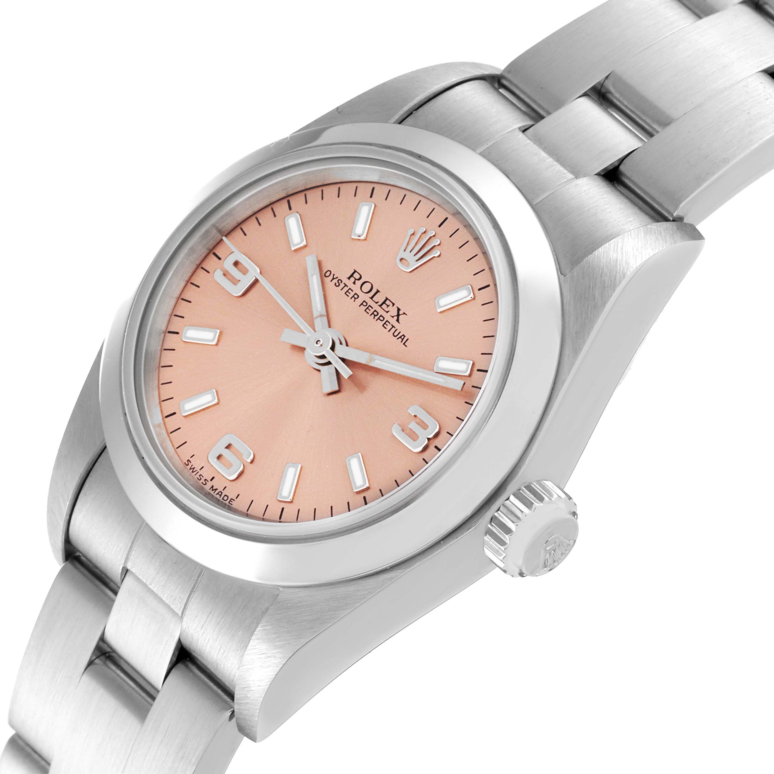 This Rolex Oyster Perpetual 76080 Women
s Stainless Steel Pink Dial 76080 Women
s Stainless Steel Pink Dial watch is shown from a tilted angle displaying the face, bracelet, and crown.