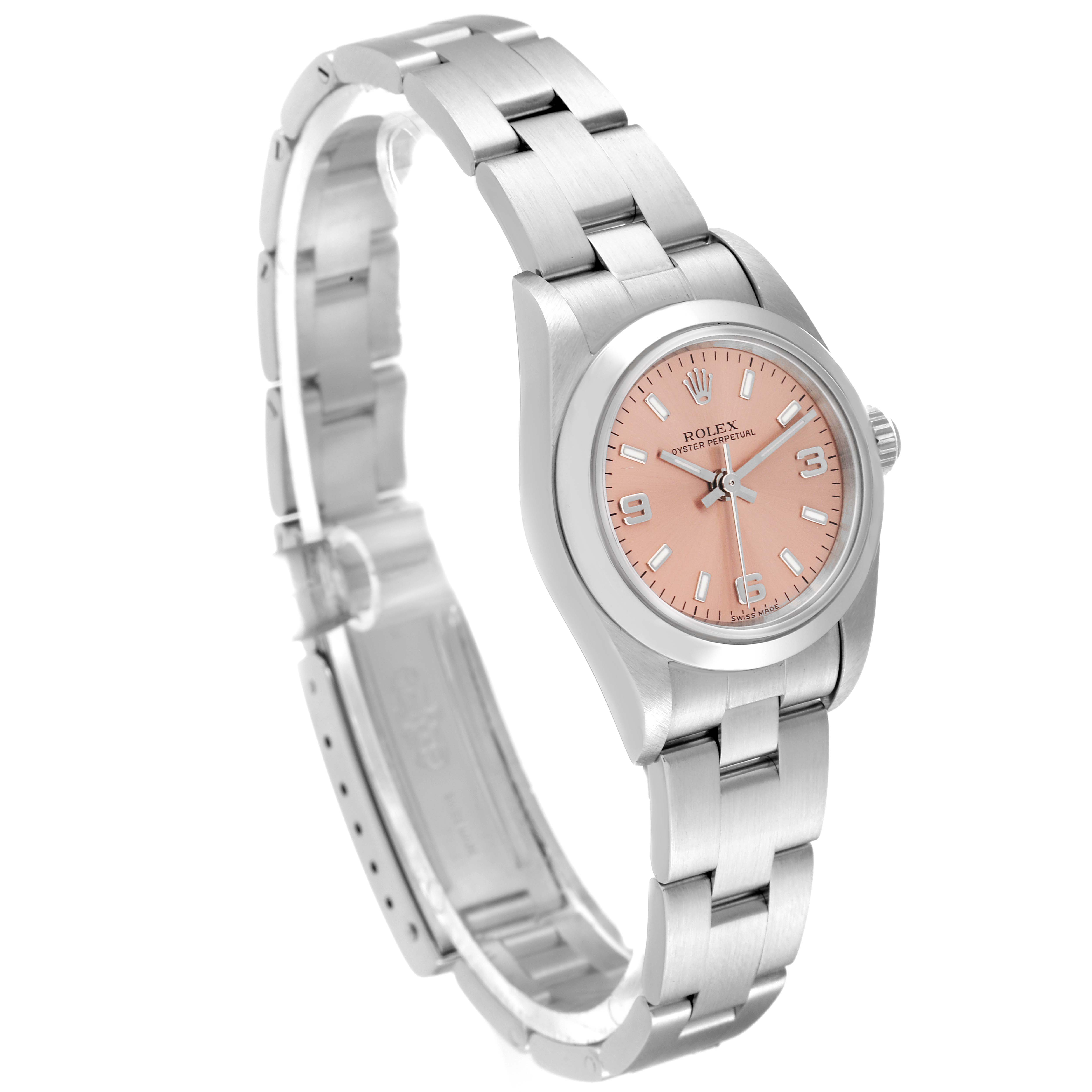 The image shows a Rolex Oyster Perpetual 76080 Women
s Stainless Steel Pink Dial 76080 Women
s Stainless Steel Pink Dial watch at a front-side angle, highlighting the bracelet and pink dial.