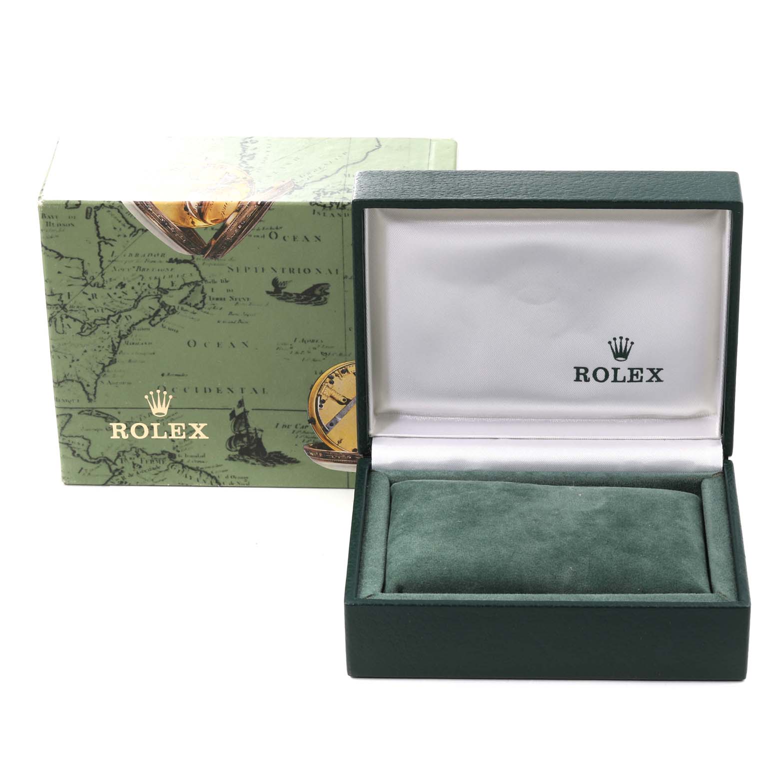 This image shows the open packaging box for the Rolex Oyster Perpetual 76080 Women
s Stainless Steel Pink Dial 76080 Women
s Stainless Steel Pink Dial watch, featuring the inner cushion and lid with the brand logo.