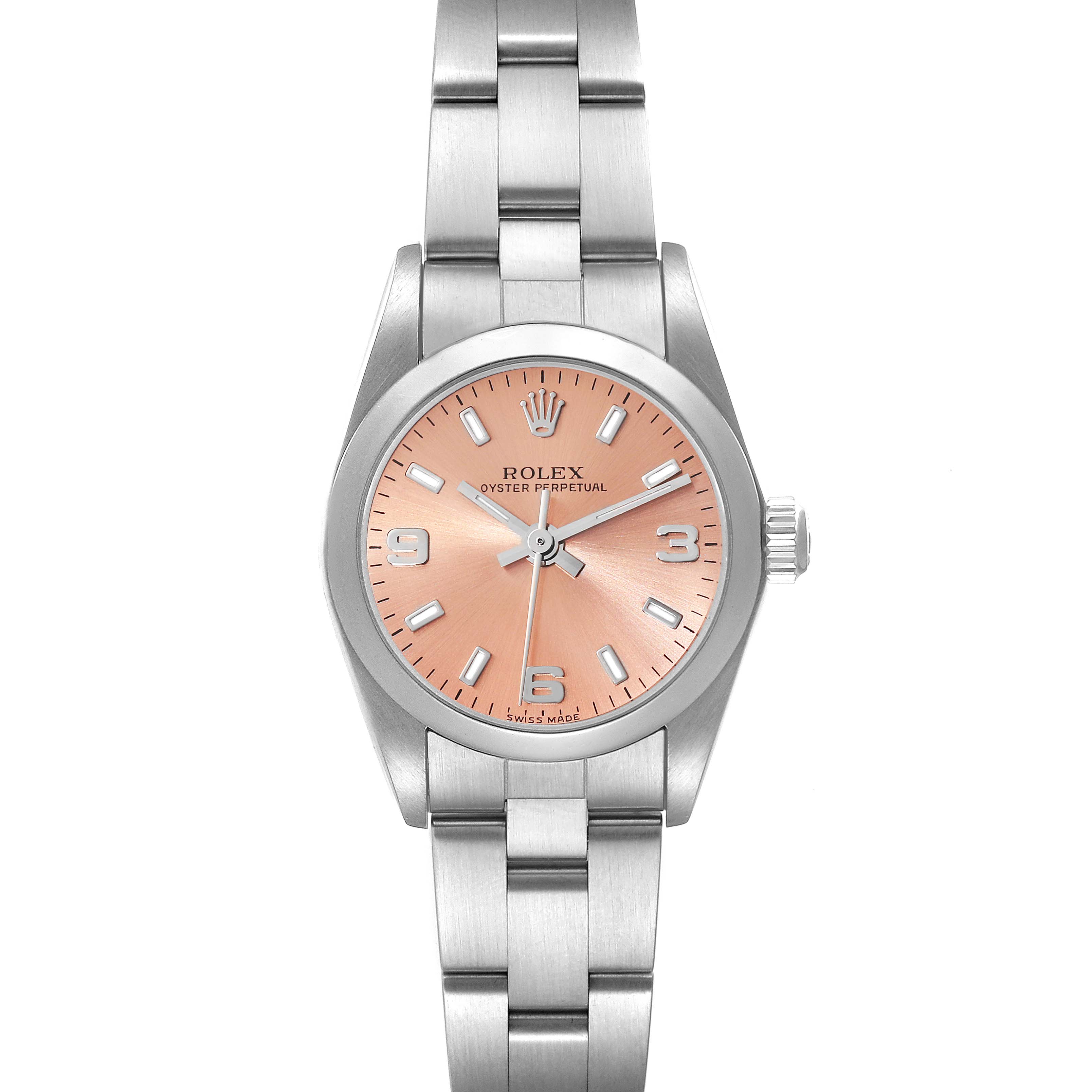 This image shows a front view of the Rolex Oyster Perpetual 76080 Women
s Stainless Steel Pink Dial 76080 Women
s Stainless Steel Pink Dial watch, highlighting its peach dial and stainless steel bracelet.