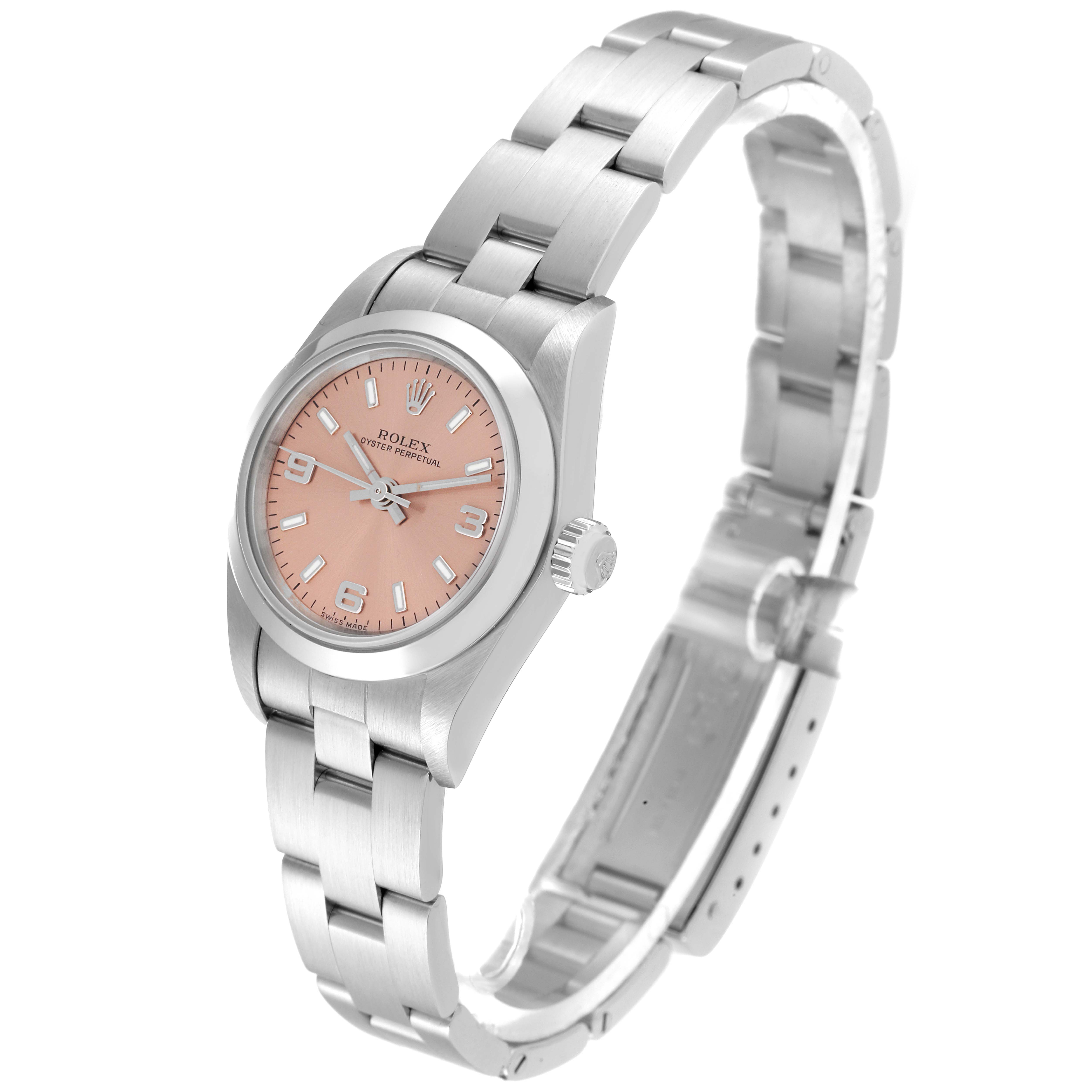The image shows a Rolex Oyster Perpetual 76080 Women
s Stainless Steel Pink Dial 76080 Women
s Stainless Steel Pink Dial watch at a three-quarter angle, highlighting its dial, bezel, crown, and bracelet.