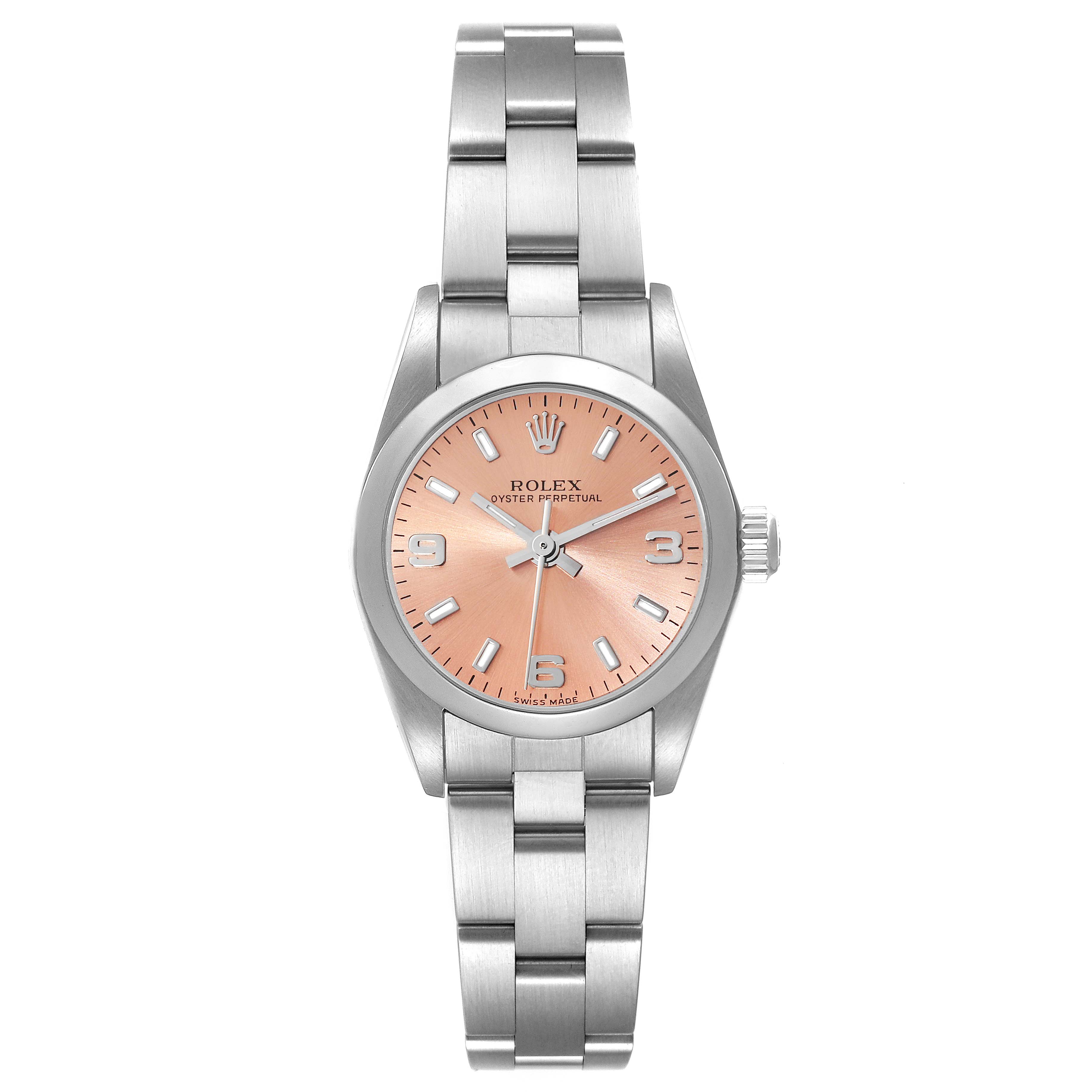 The image shows a front view of a Rolex Oyster Perpetual 76080 Women
s Stainless Steel Pink Dial 76080 Women
s Stainless Steel Pink Dial watch, featuring its face, case, and bracelet.