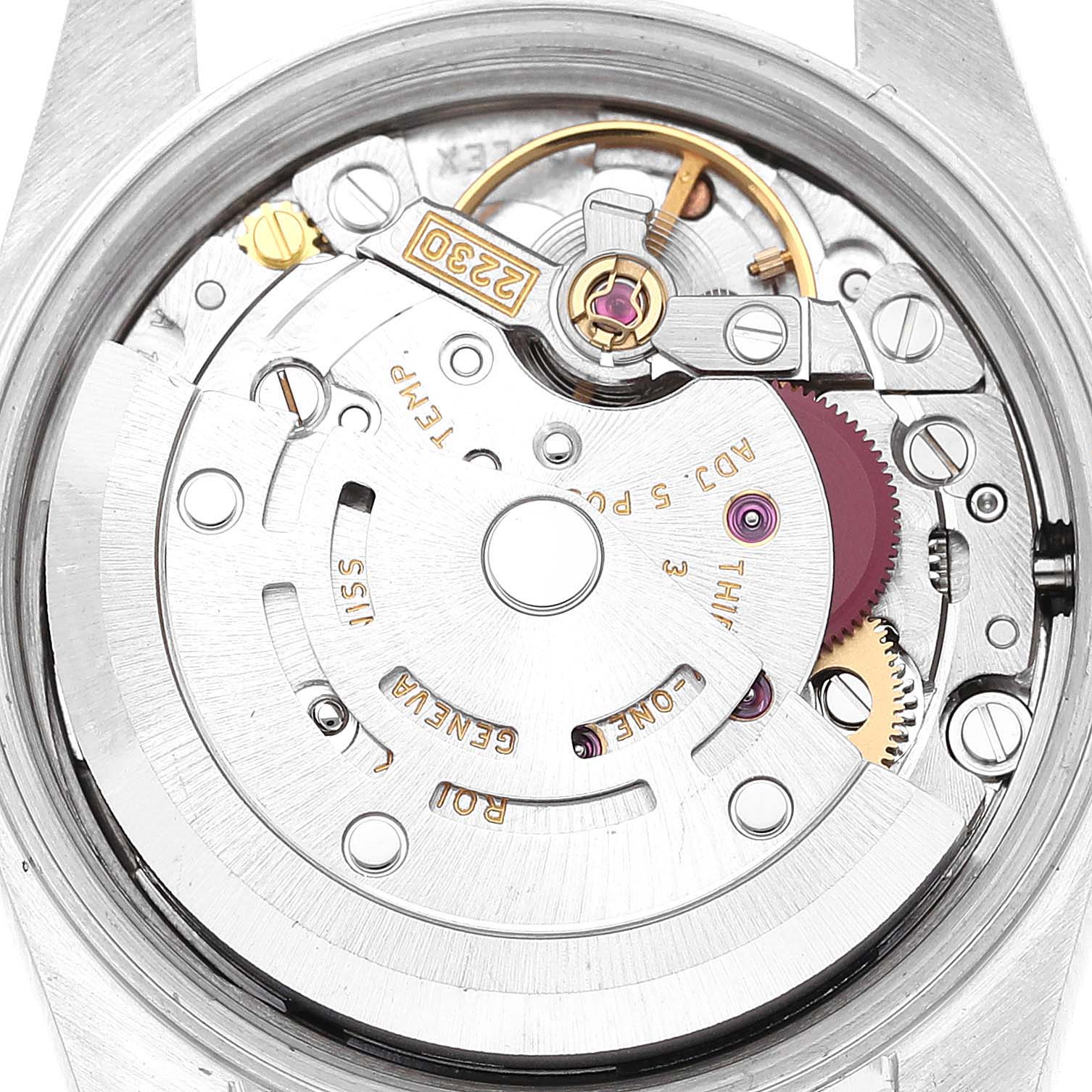 This image shows the internal movement mechanism of a Rolex Oyster Perpetual 76080 Women
s Stainless Steel Pink Dial 76080 Women
s Stainless Steel Pink Dial watch from a top-down angle.