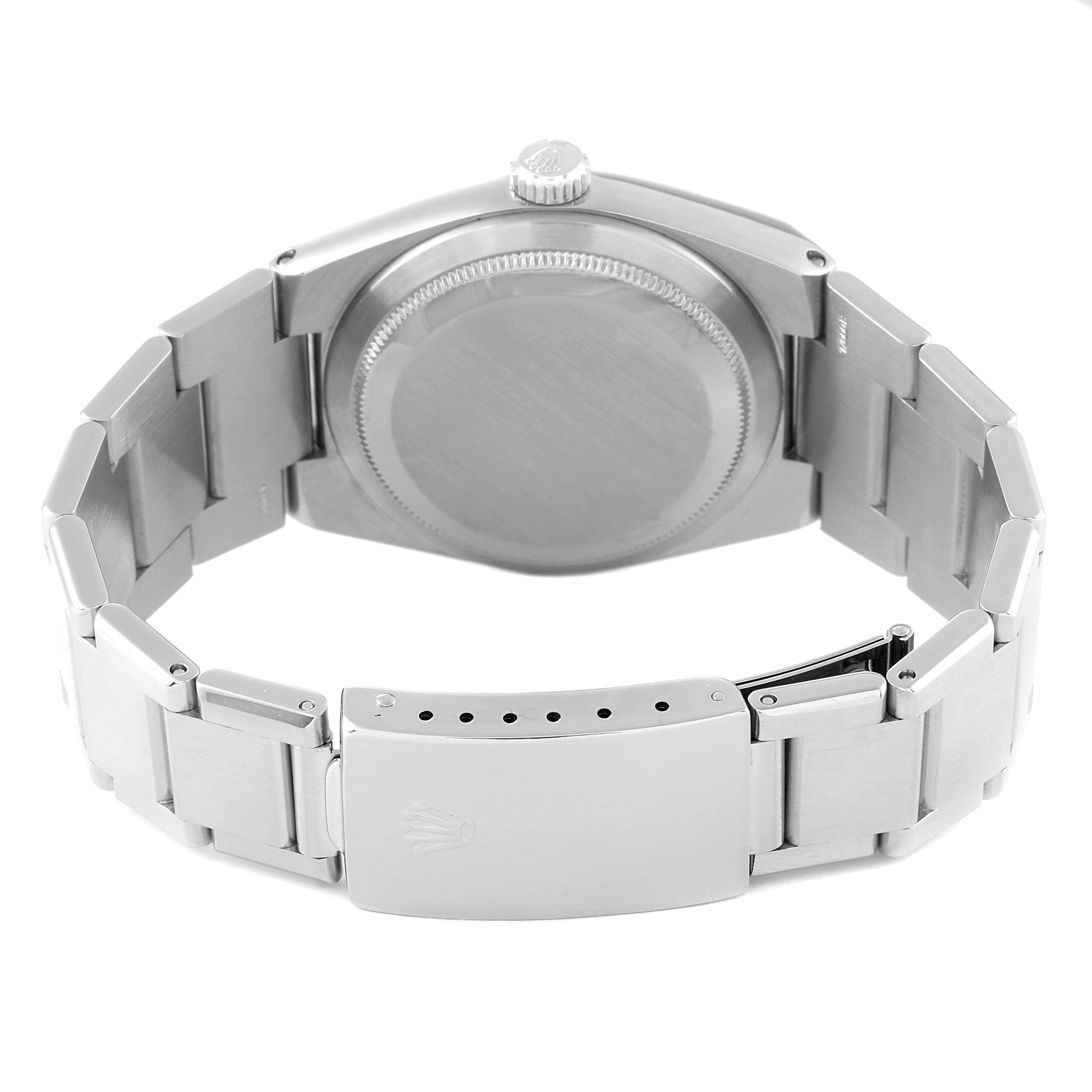 This image shows the back and strap of a Rolex Oysterquartz 17000 Men's Stainless Steel Blue Dial 17000 Men's Stainless Steel Blue Dial watch, highlighting the clasp and case back.