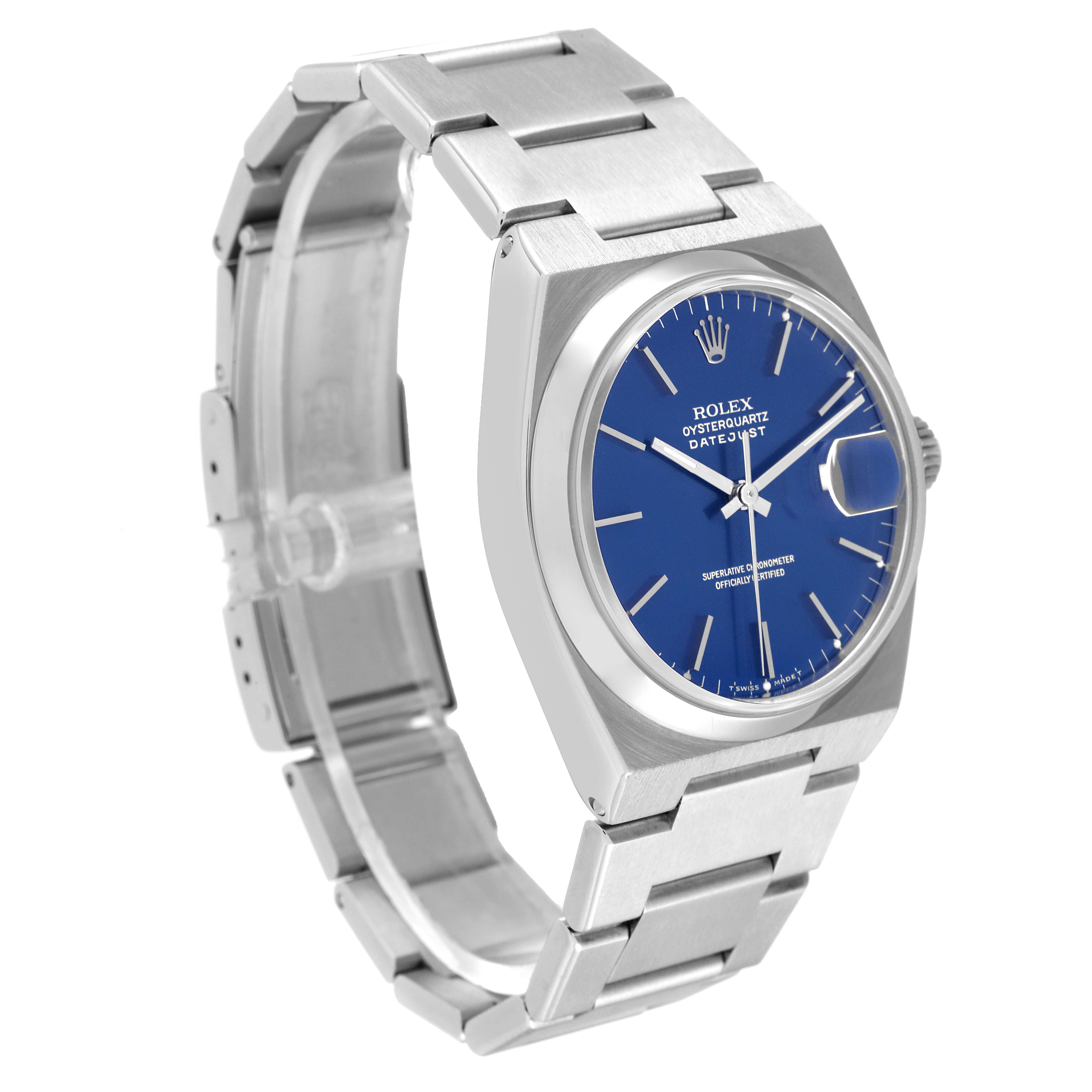This image shows a Rolex Oysterquartz 17000 Men's Stainless Steel Blue Dial 17000 Men's Stainless Steel Blue Dial watch at an angle highlighting its blue dial, metal bracelet, and clasp.