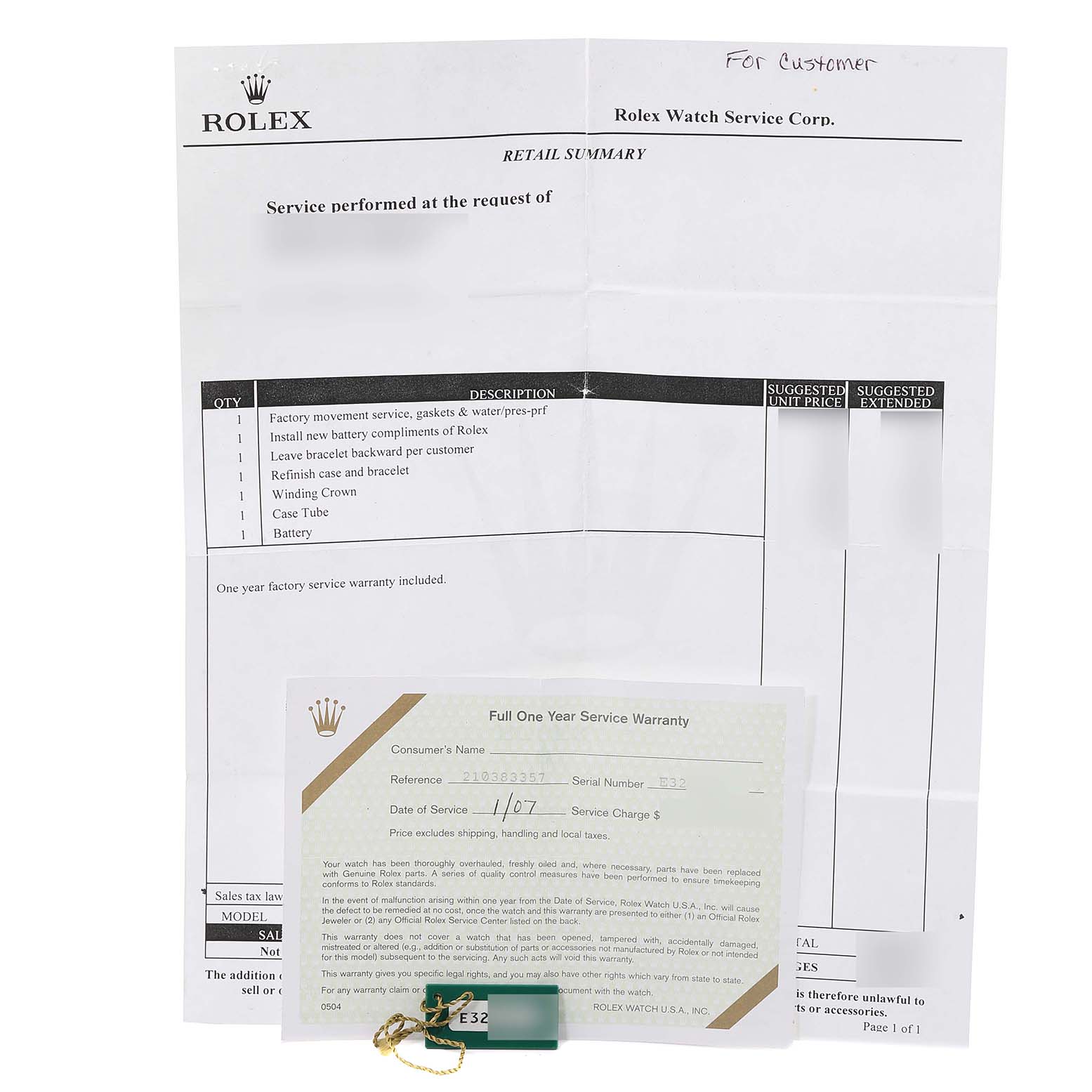 The image shows service documents and warranty papers for the Rolex Oysterquartz 17000 Men's Stainless Steel Blue Dial 17000 Men's Stainless Steel Blue Dial model.