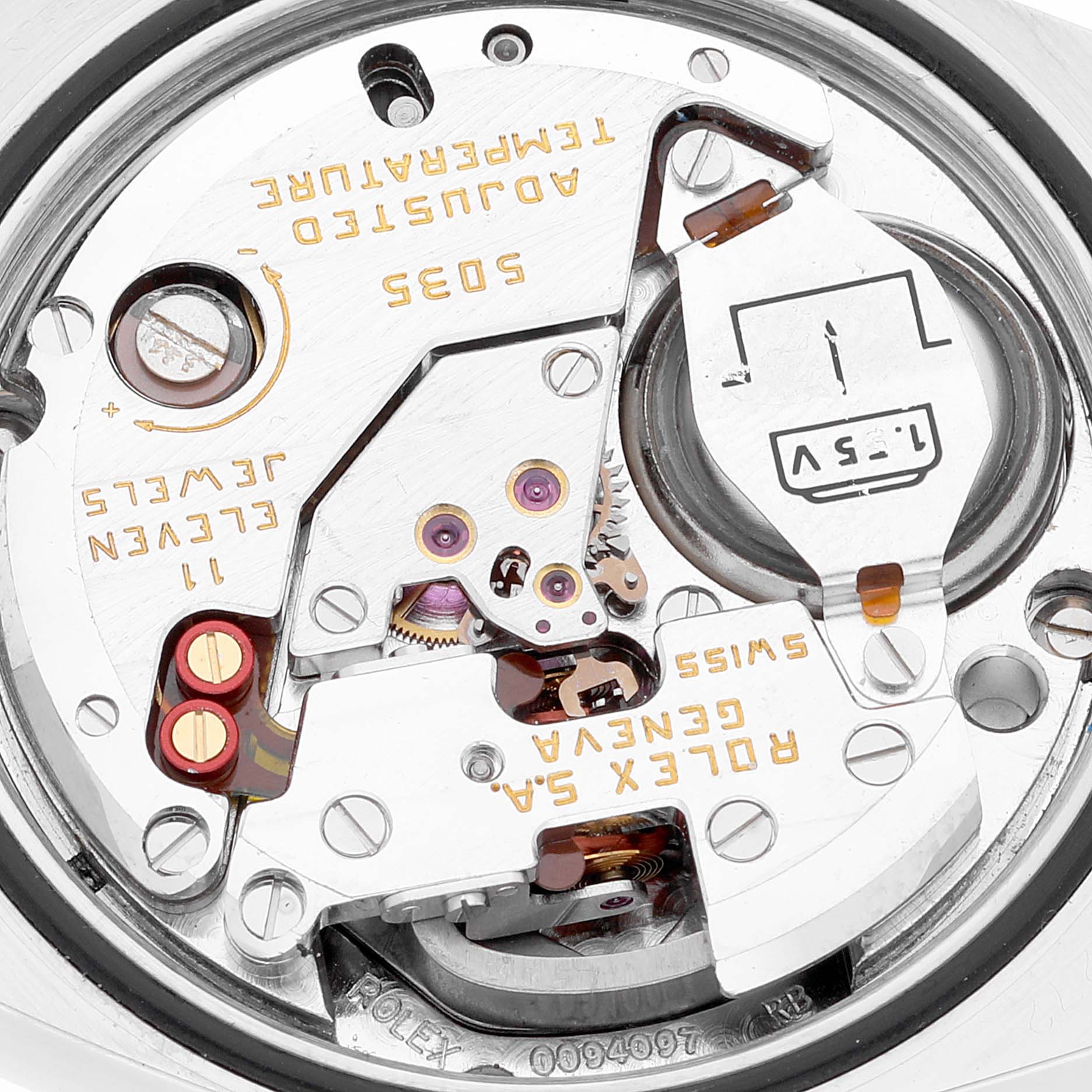 This image shows a close-up view of the inner quartz movement and components of a Rolex Oysterquartz 17000 Men's Stainless Steel Blue Dial 17000 Men's Stainless Steel Blue Dial watch.