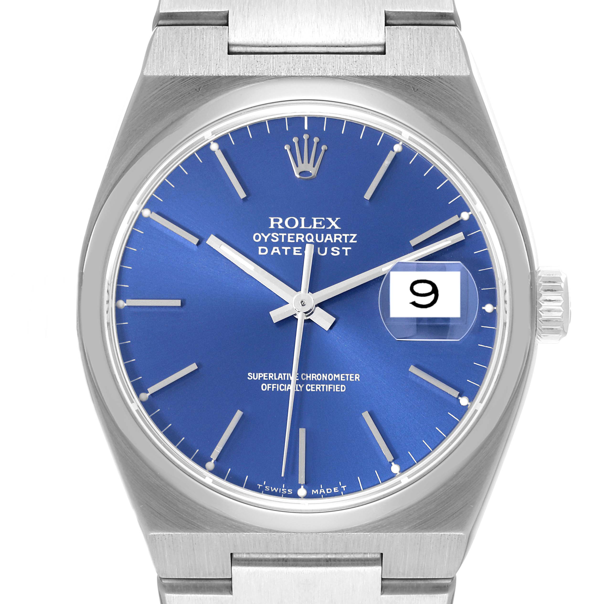 The image shows a frontal view of a Rolex Oysterquartz 17000 Men's Stainless Steel Blue Dial 17000 Men's Stainless Steel Blue Dial watch, highlighting its blue dial, date window, and stainless steel case and bracelet.