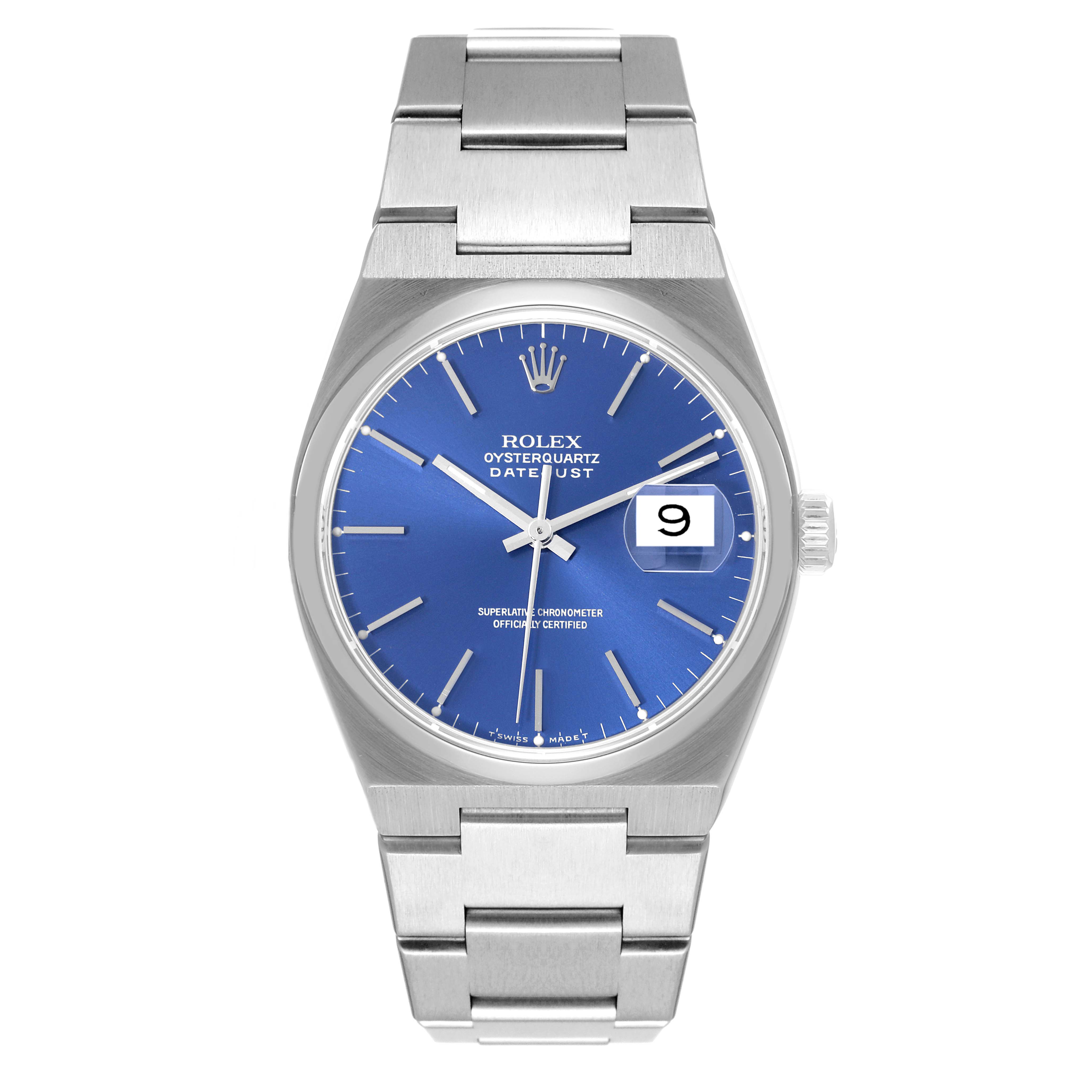 The image shows a front view of a Rolex Oysterquartz 17000 Men's Stainless Steel Blue Dial 17000 Men's Stainless Steel Blue Dial watch, displaying its blue dial, bracelet, and date window.