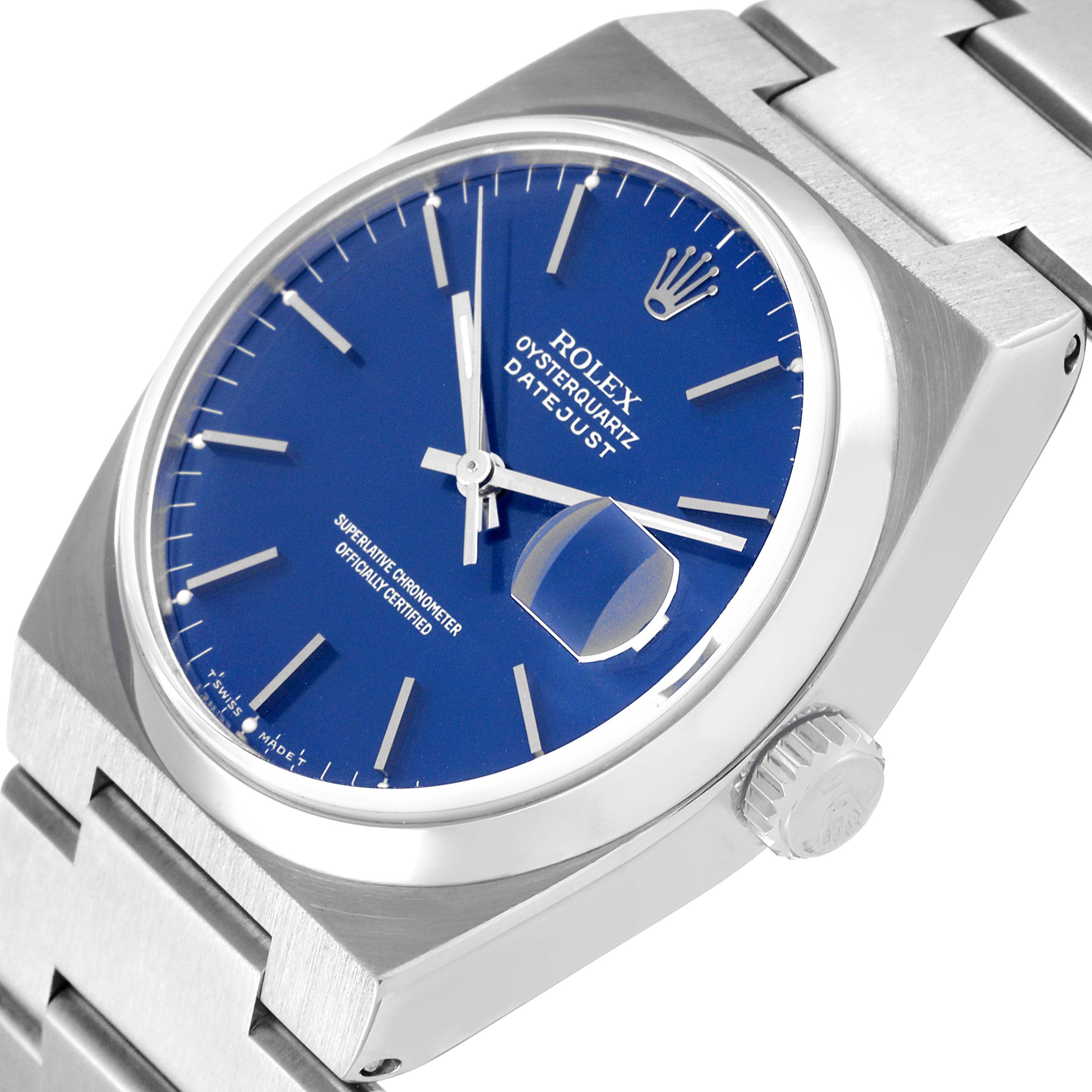 This image shows the Rolex Oysterquartz 17000 Men's Stainless Steel Blue Dial 17000 Men's Stainless Steel Blue Dial Datejust model from an angled close-up, highlighting the blue dial, crown, and bracelet.