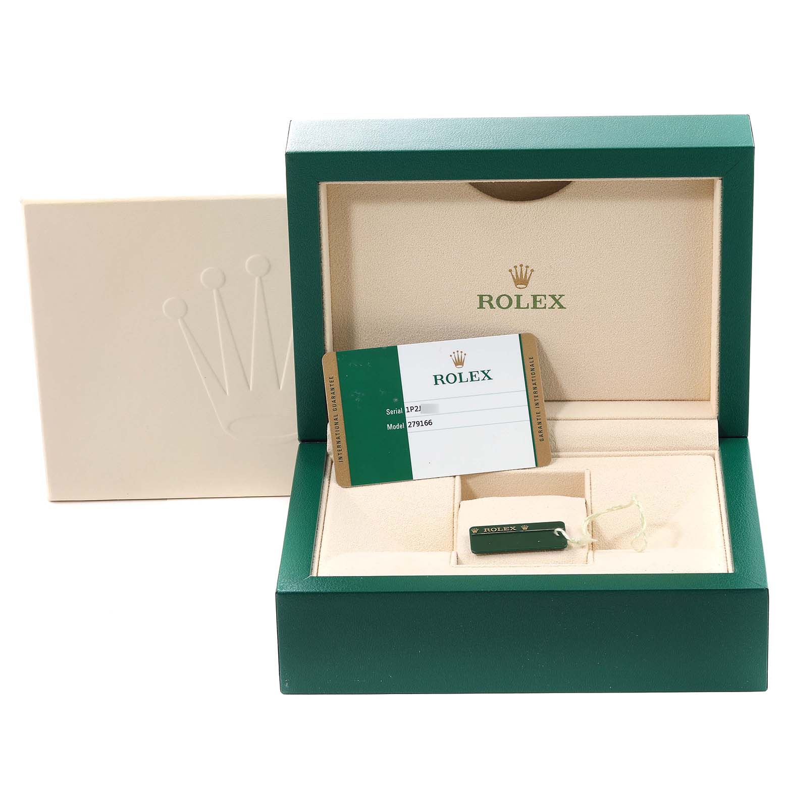 The image shows an open Rolex President 279166 Women's Platinum Blue Dial 279166 Women's Platinum Blue Dial model watch box from the front, with a warranty card and a green tag inside.