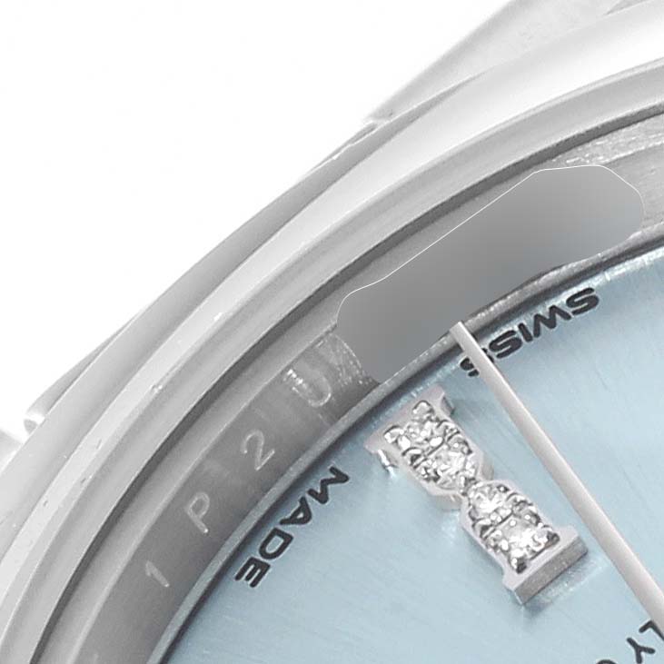 The image shows a close-up angle of the dial and bezel of a Rolex President 279166 Women's Platinum Blue Dial 279166 Women's Platinum Blue Dial model watch.