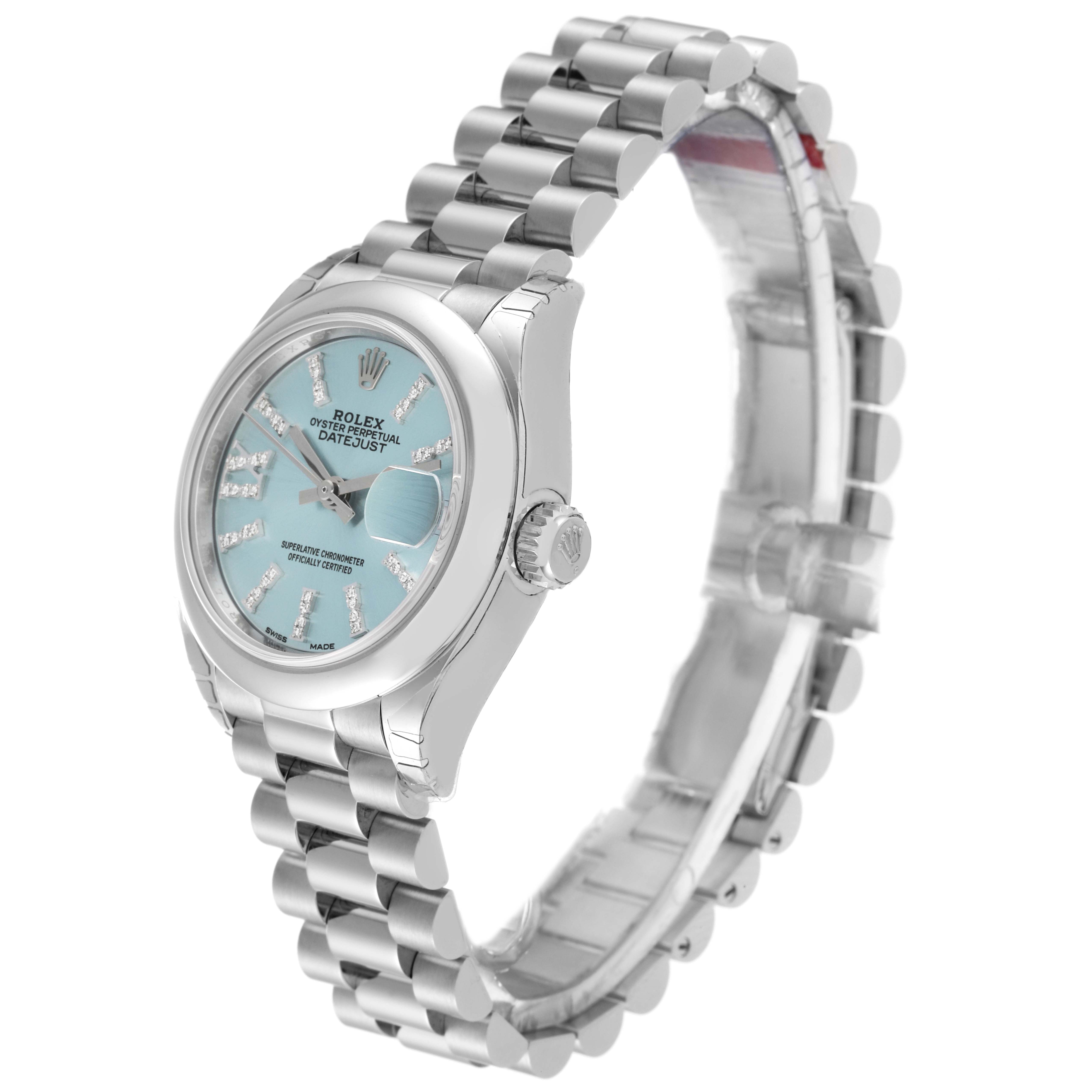 The image displays a Rolex President 279166 Women's Platinum Blue Dial 279166 Women's Platinum Blue Dial model Datejust watch from an angled side and partial top view, highlighting its band and face.