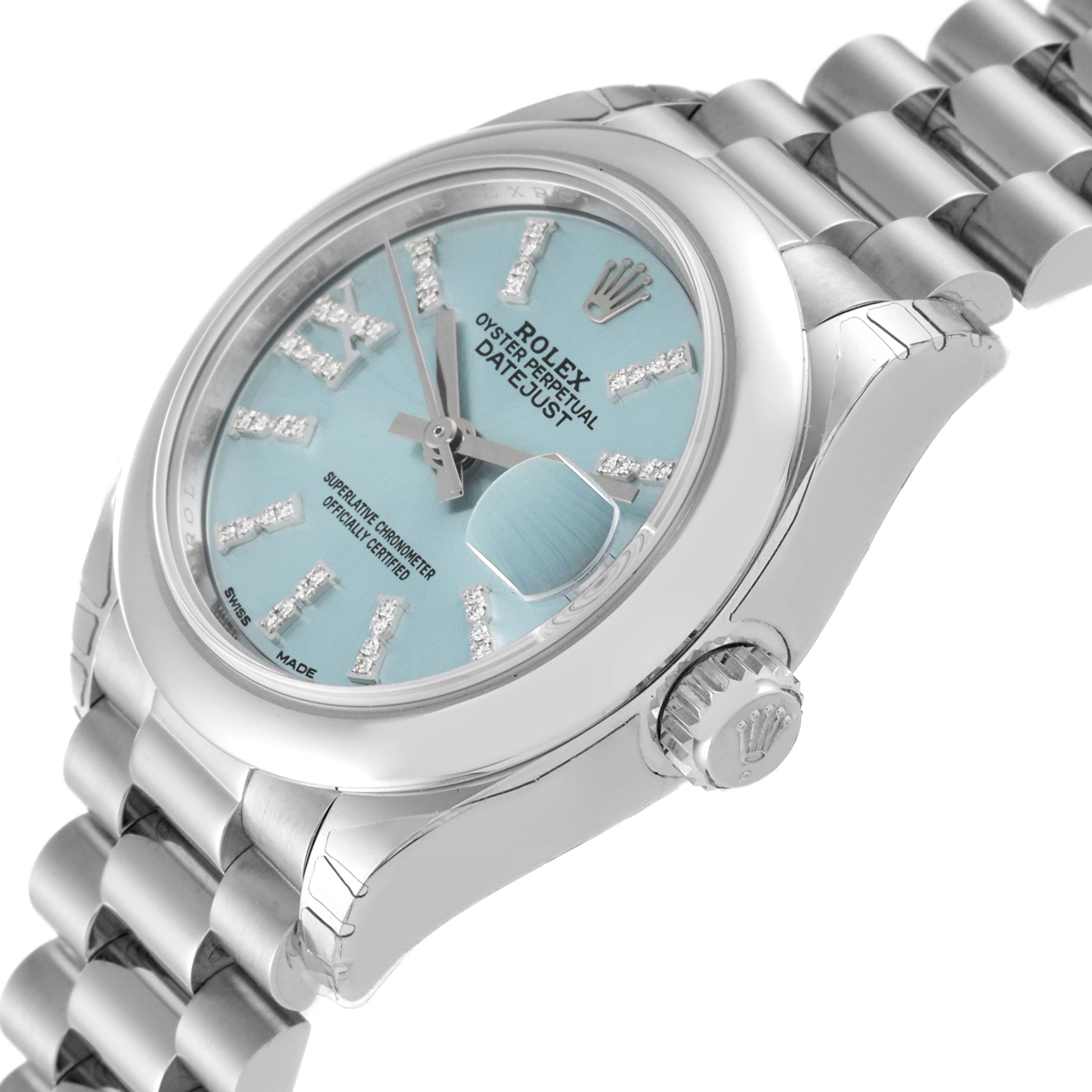 The Rolex President 279166 Women's Platinum Blue Dial 279166 Women's Platinum Blue Dial watch is shown at an angle highlighting the face, bezel, and bracelet.