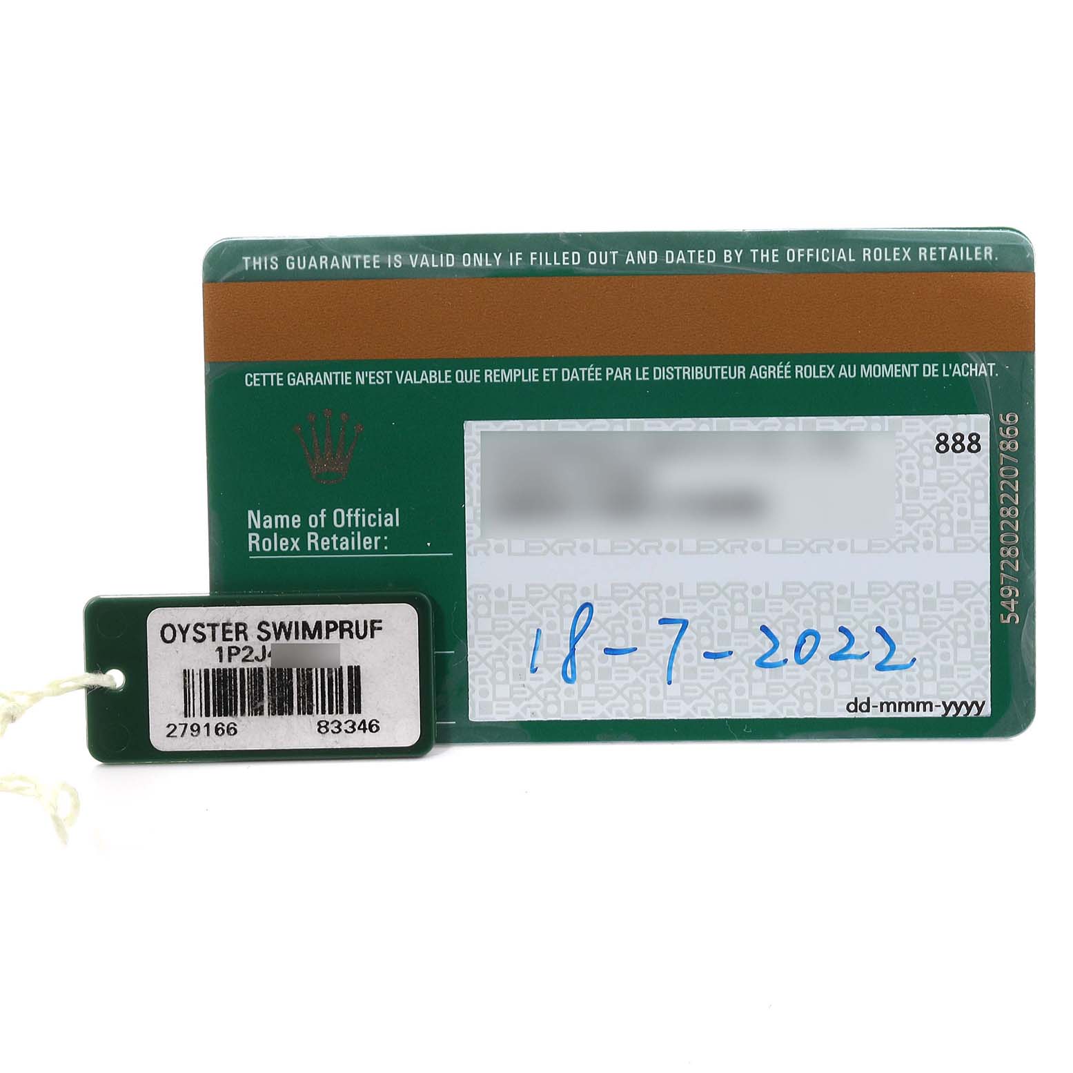 The image shows the warranty card and hang tag for the Rolex President 279166 Women's Platinum Blue Dial 279166 Women's Platinum Blue Dial model watch.