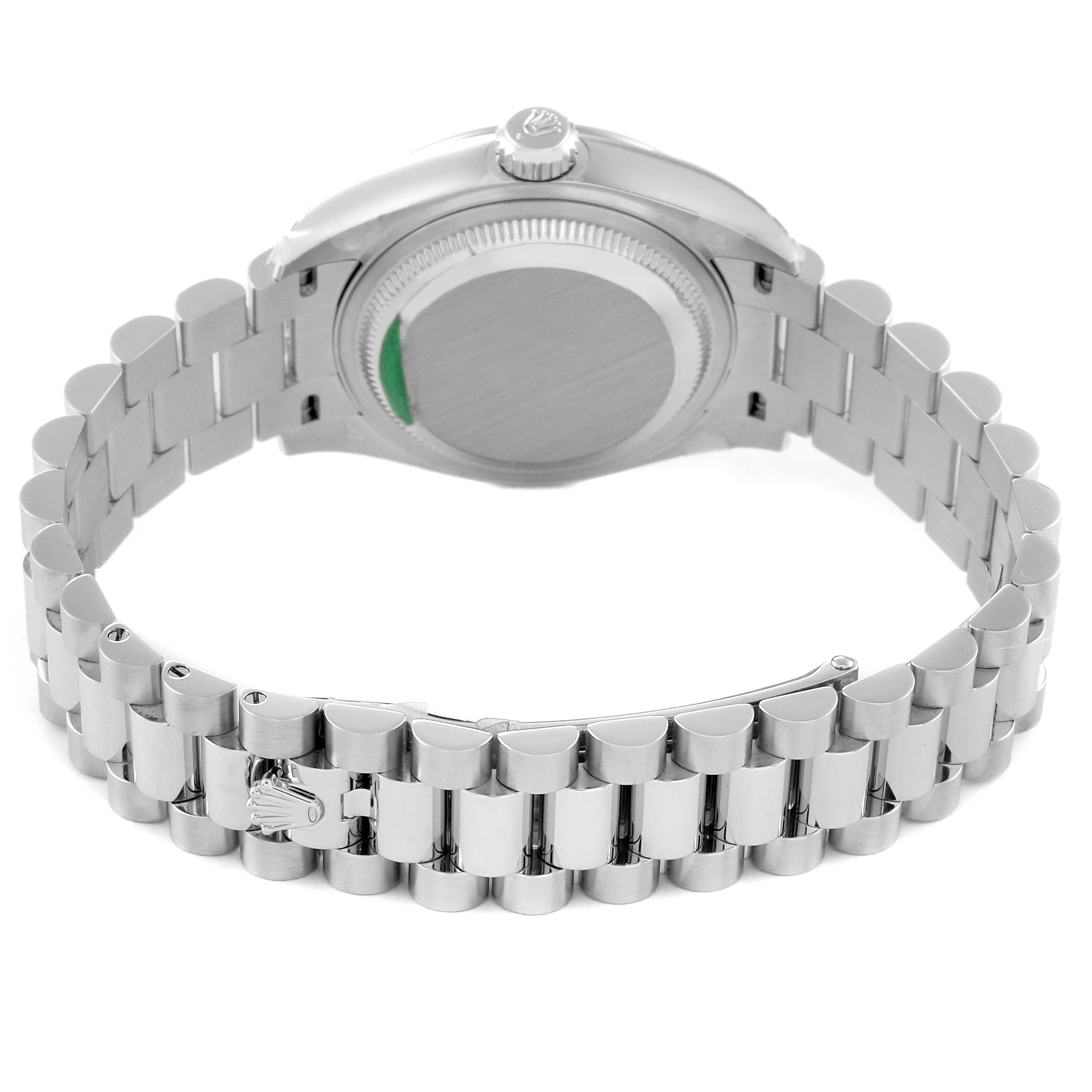 The image shows the back and bracelet of a Rolex President 279166 Women's Platinum Blue Dial 279166 Women's Platinum Blue Dial model watch from a bottom angle.