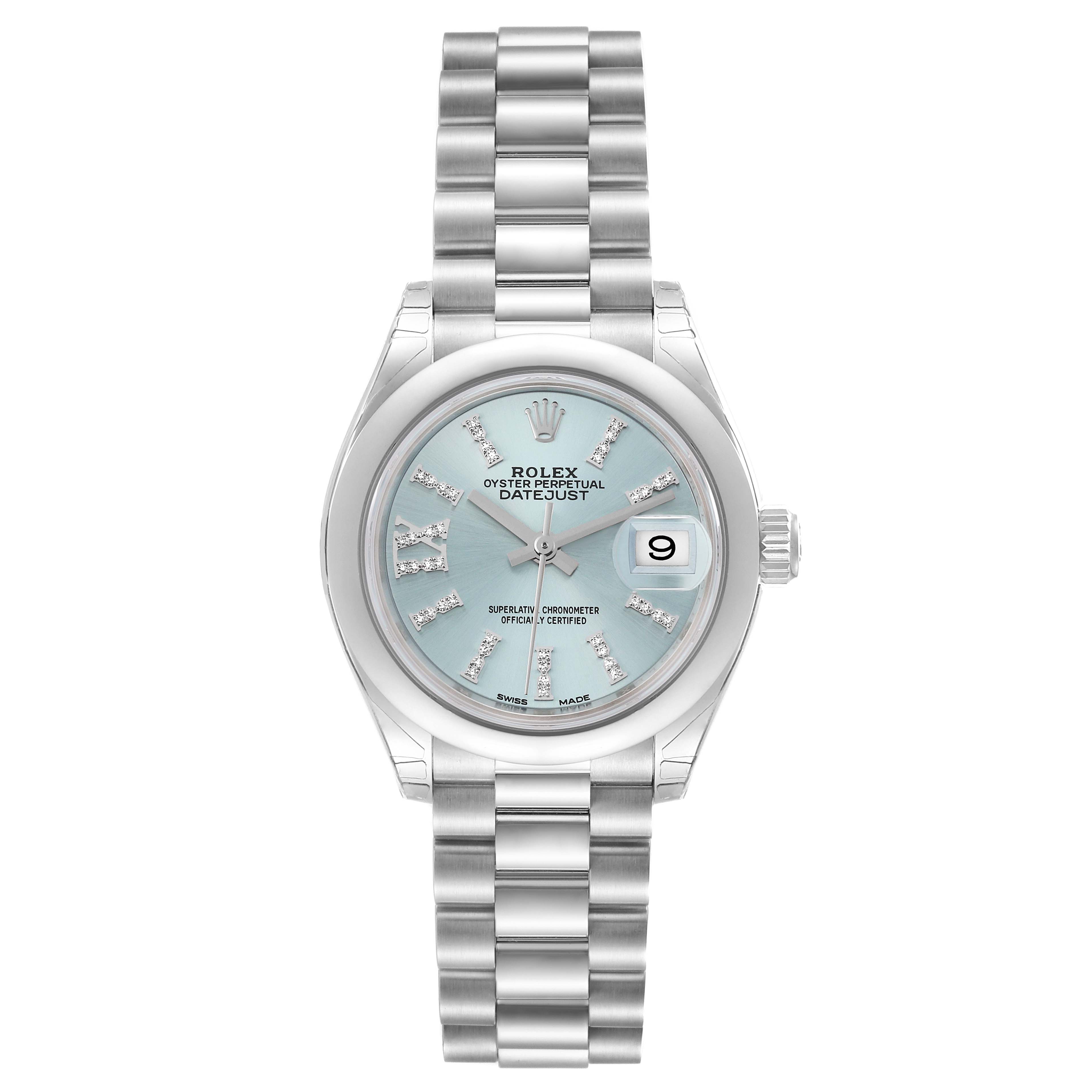 The image shows a Rolex President 279166 Women's Platinum Blue Dial 279166 Women's Platinum Blue Dial model watch, viewed from the front, highlighting its bracelet, dial, hands, and crown.
