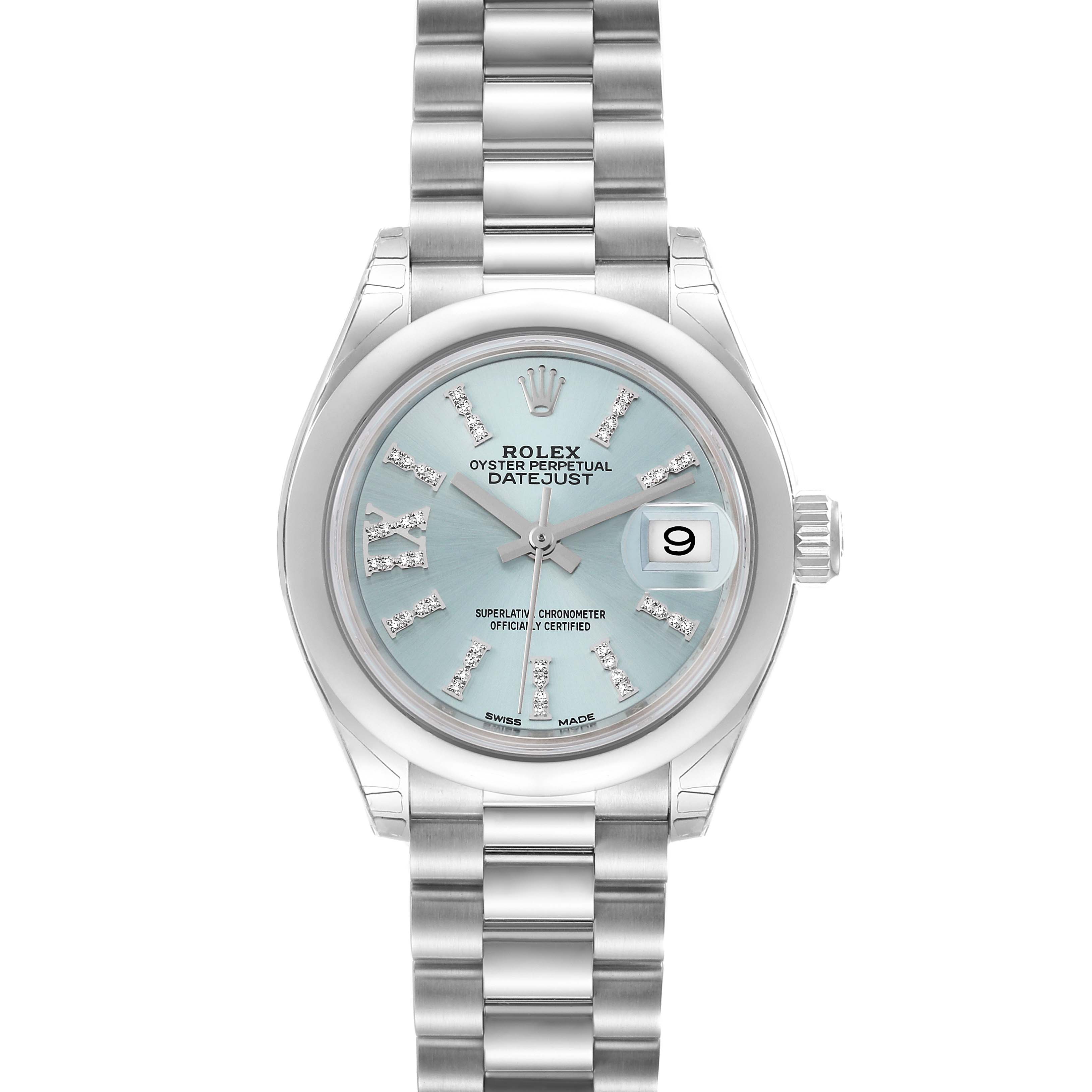 This image shows a front view of the Rolex President 279166 Women's Platinum Blue Dial 279166 Women's Platinum Blue Dial model watch, highlighting its face, bezel, and bracelet.