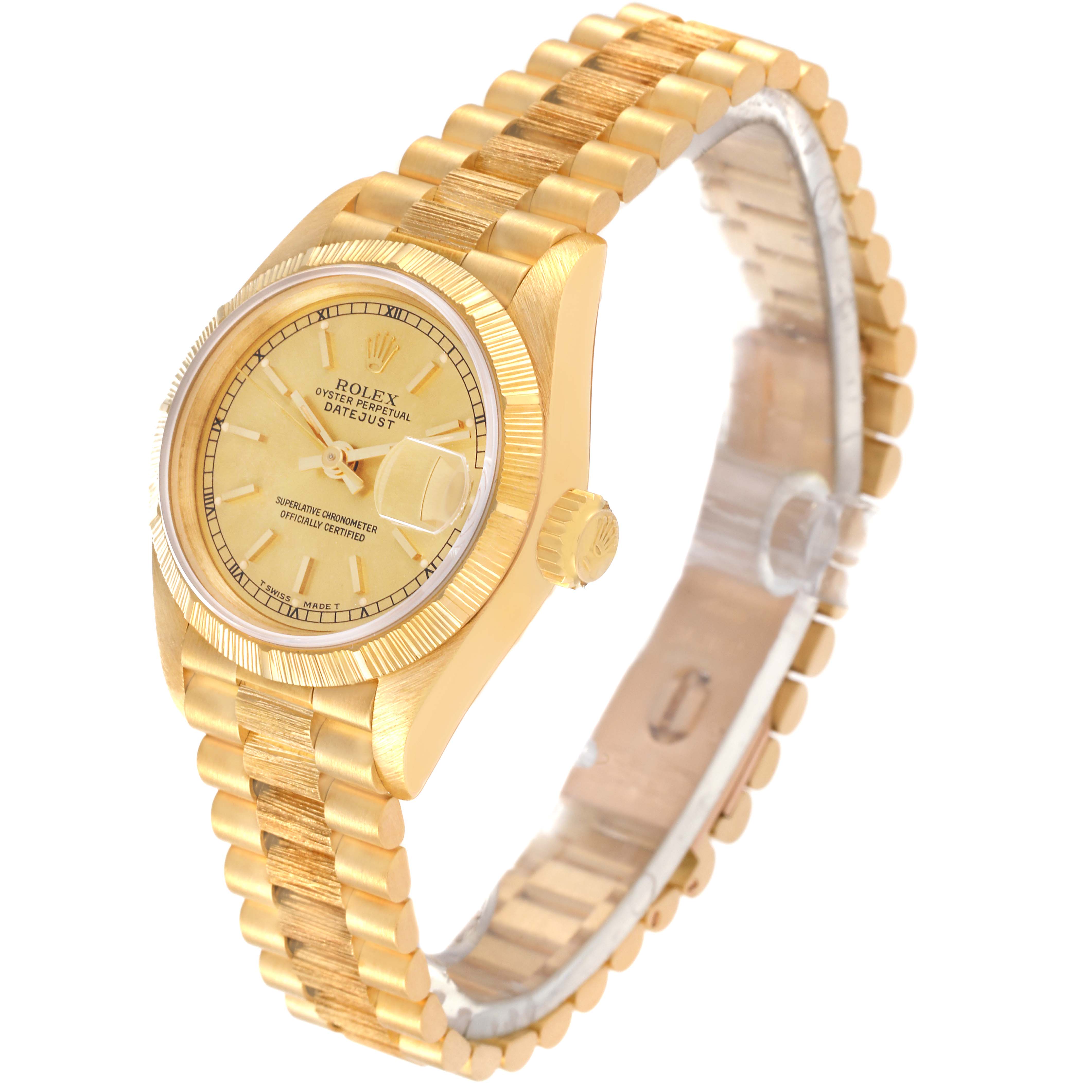 The image shows a Rolex President 69278 Women's Yellow Gold Champagne Dial 69278 Women's Yellow Gold Champagne Dial model watch at an oblique angle, highlighting the dial, bezel, crown, and band.