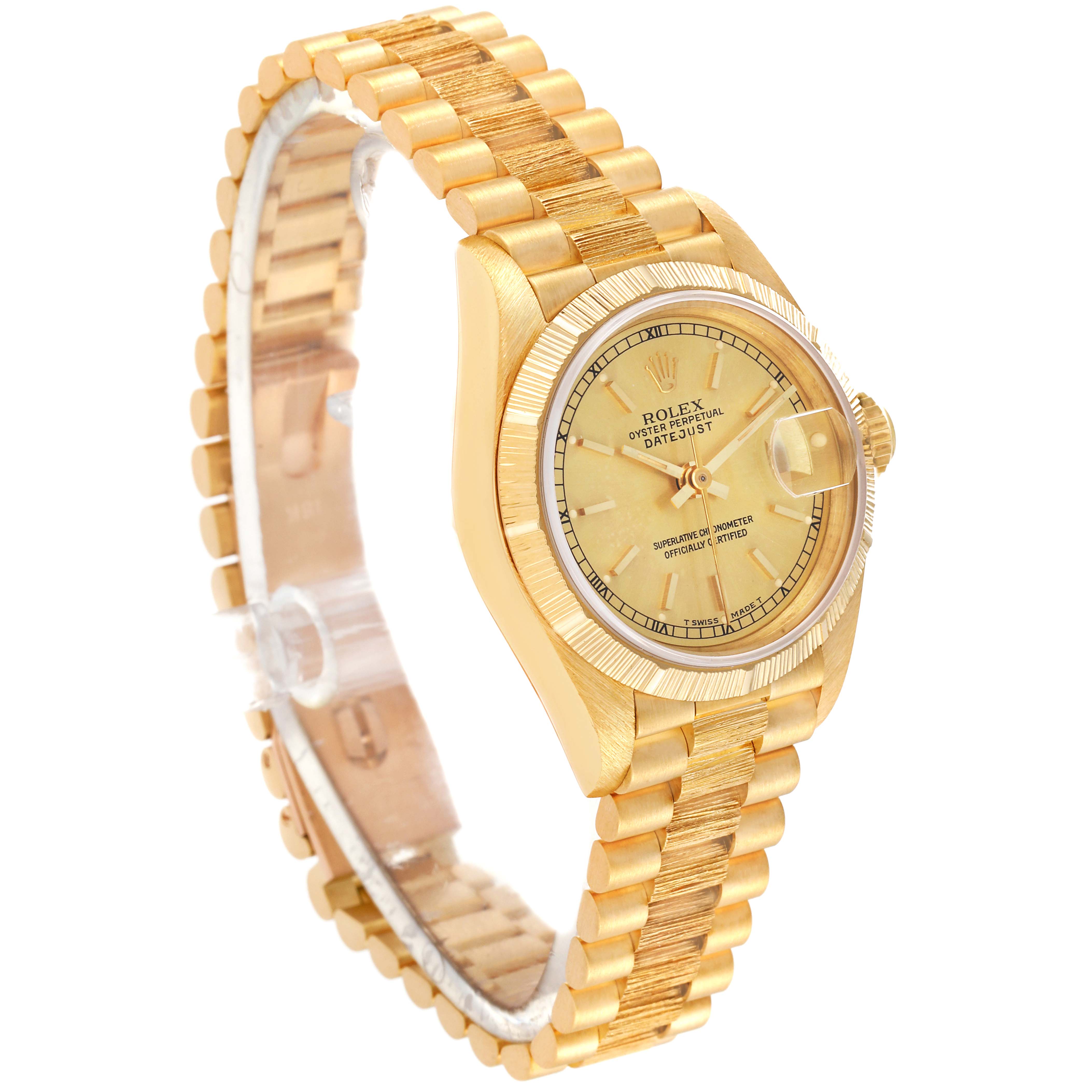 The image shows a side-angle view of the Rolex President 69278 Women's Yellow Gold Champagne Dial 69278 Women's Yellow Gold Champagne Dial model, displaying the watch face, bezel, case, and bracelet.