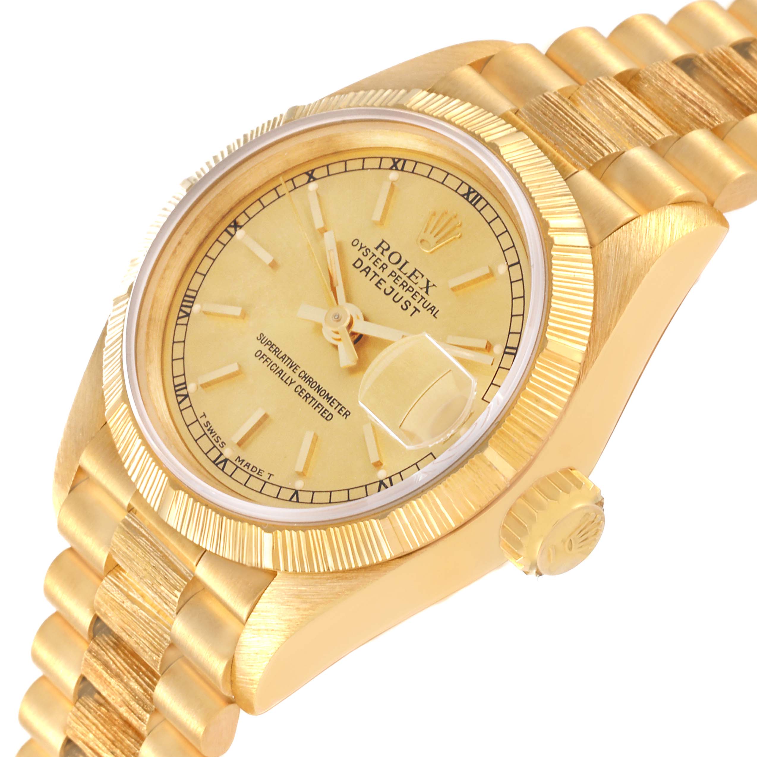 This image shows the Rolex President 69278 Women's Yellow Gold Champagne Dial 69278 Women's Yellow Gold Champagne Dial model watch at an angle highlighting the face, bezel, crown, and bracelet.
