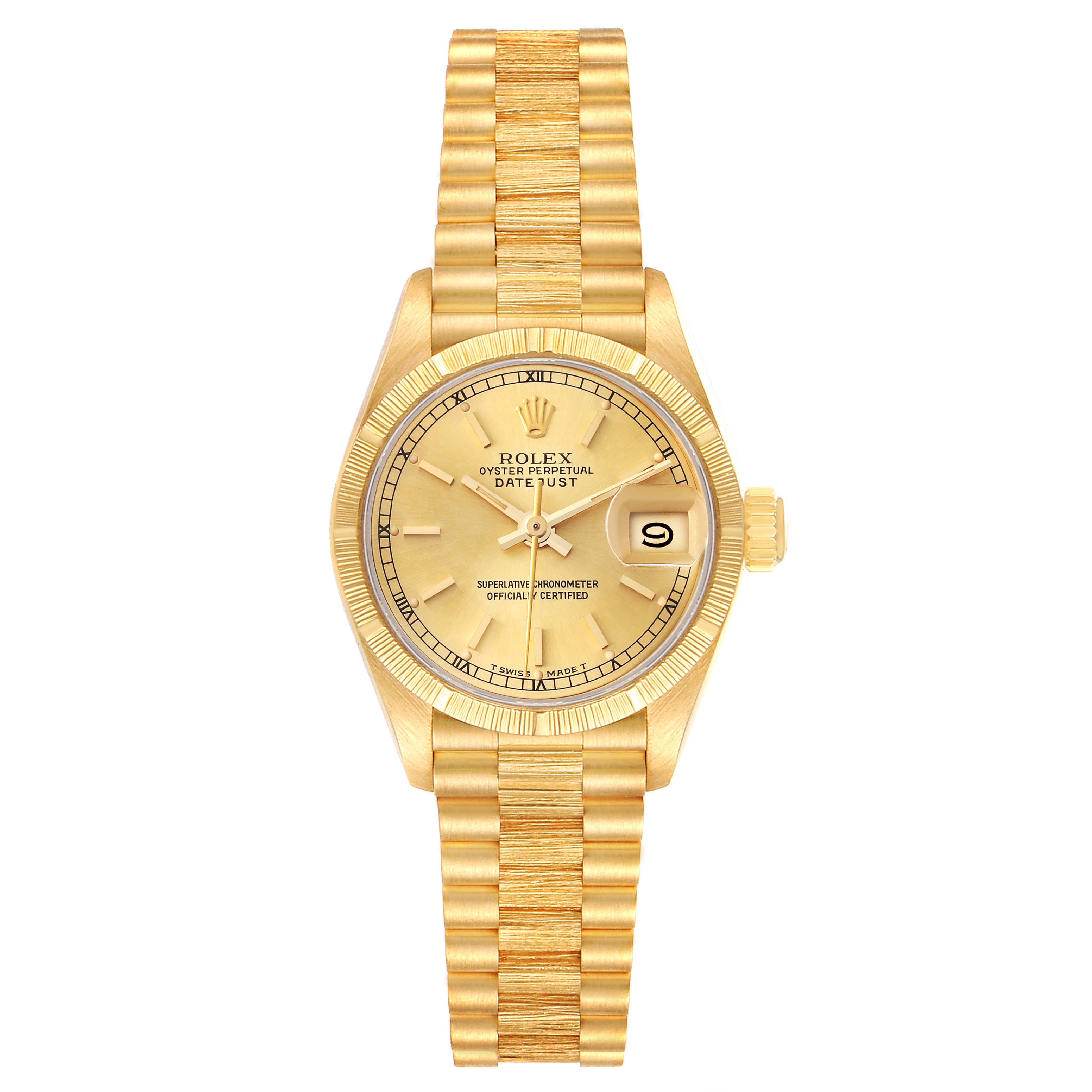 The Rolex President 69278 Women's Yellow Gold Champagne Dial 69278 Women's Yellow Gold Champagne Dial model watch is shown from the front, highlighting its gold case, dial, bezel, bracelet, and date display.