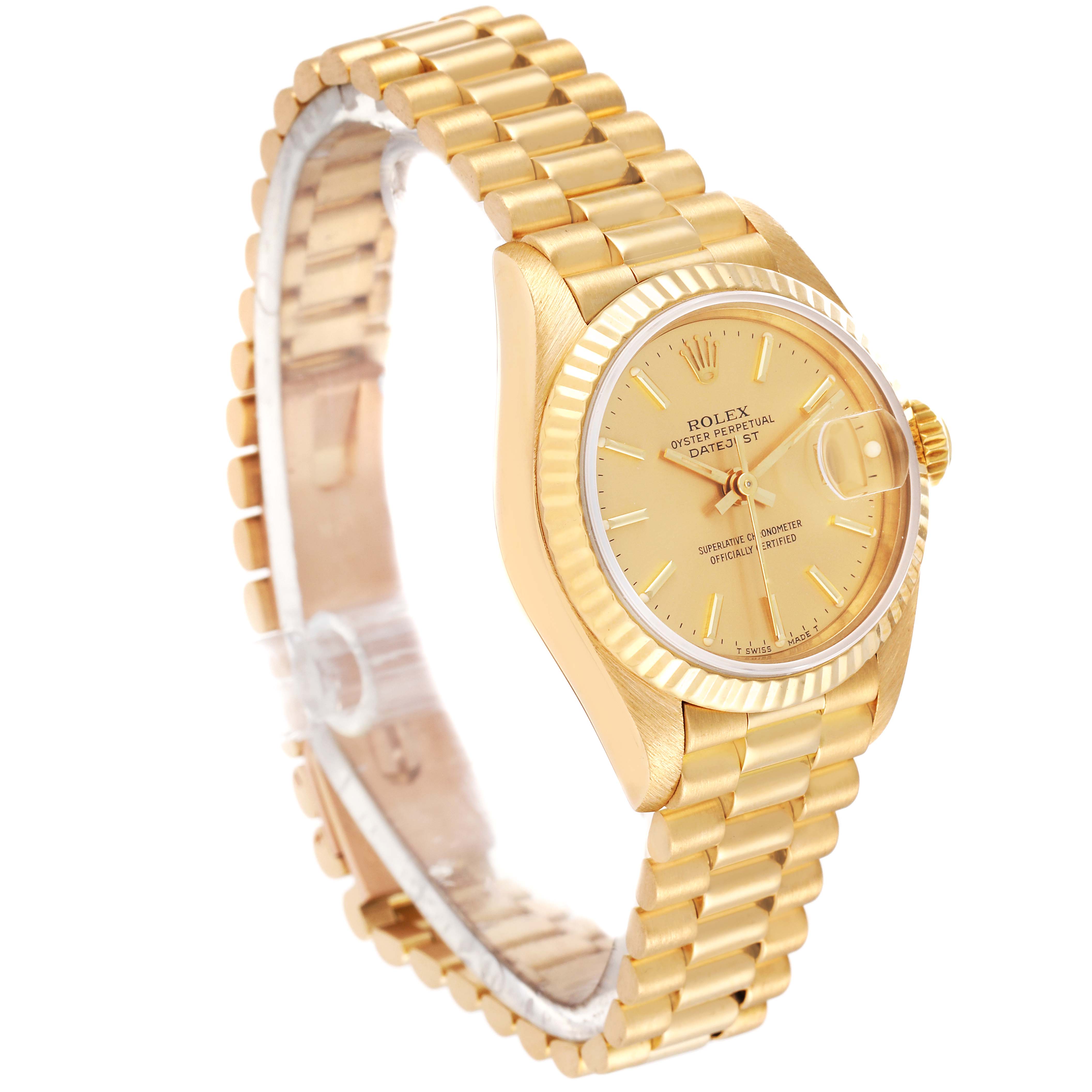 The image shows a gold Rolex President 69178 Women's Yellow Gold Champagne Dial 69178 Women's Yellow Gold Champagne Dial model watch at a 45-degree angle, highlighting the face, fluted bezel, and linked bracelet.