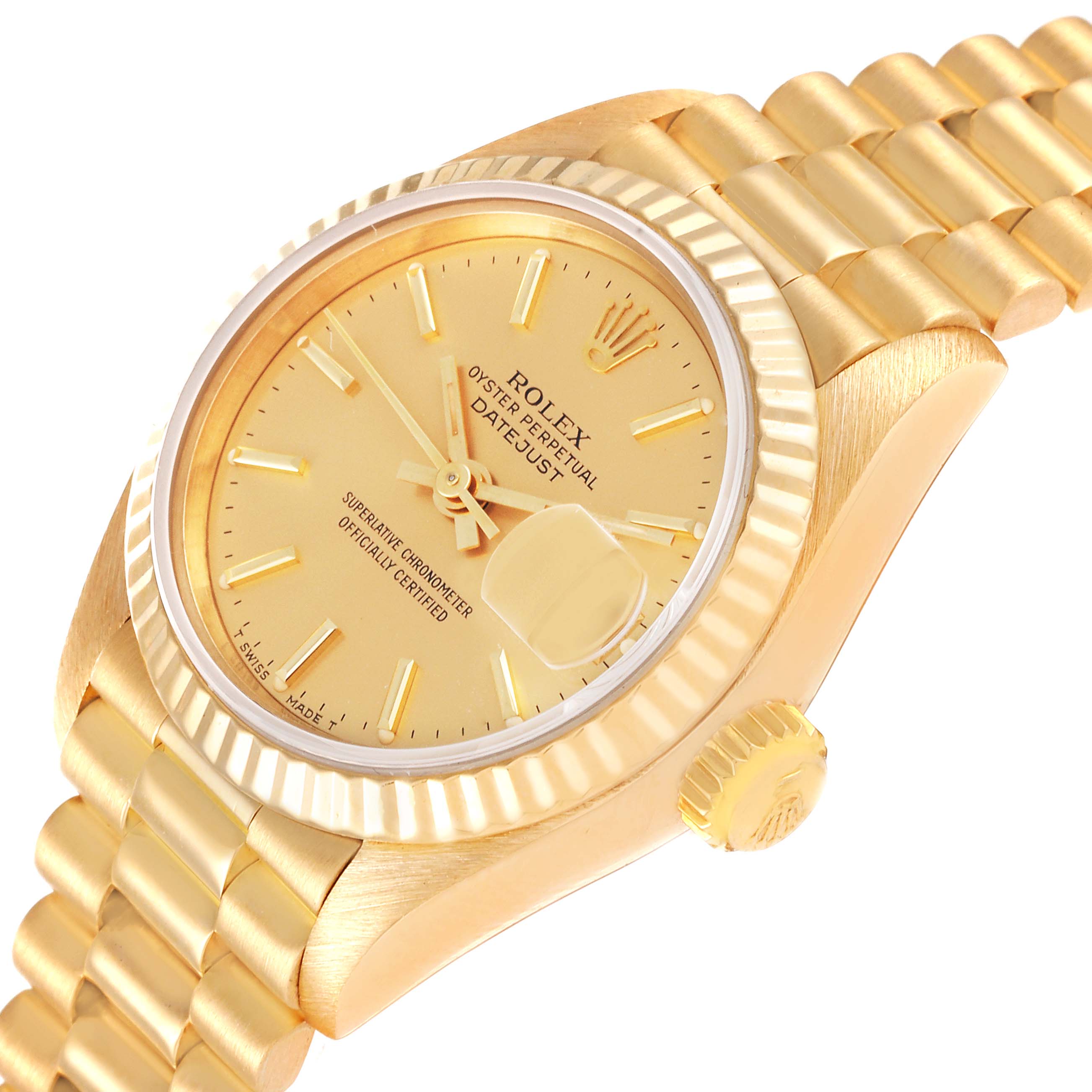 This image shows a Rolex President 69178 Women's Yellow Gold Champagne Dial 69178 Women's Yellow Gold Champagne Dial model watch at an angled view highlighting its dial, bezel, crown, and bracelet.