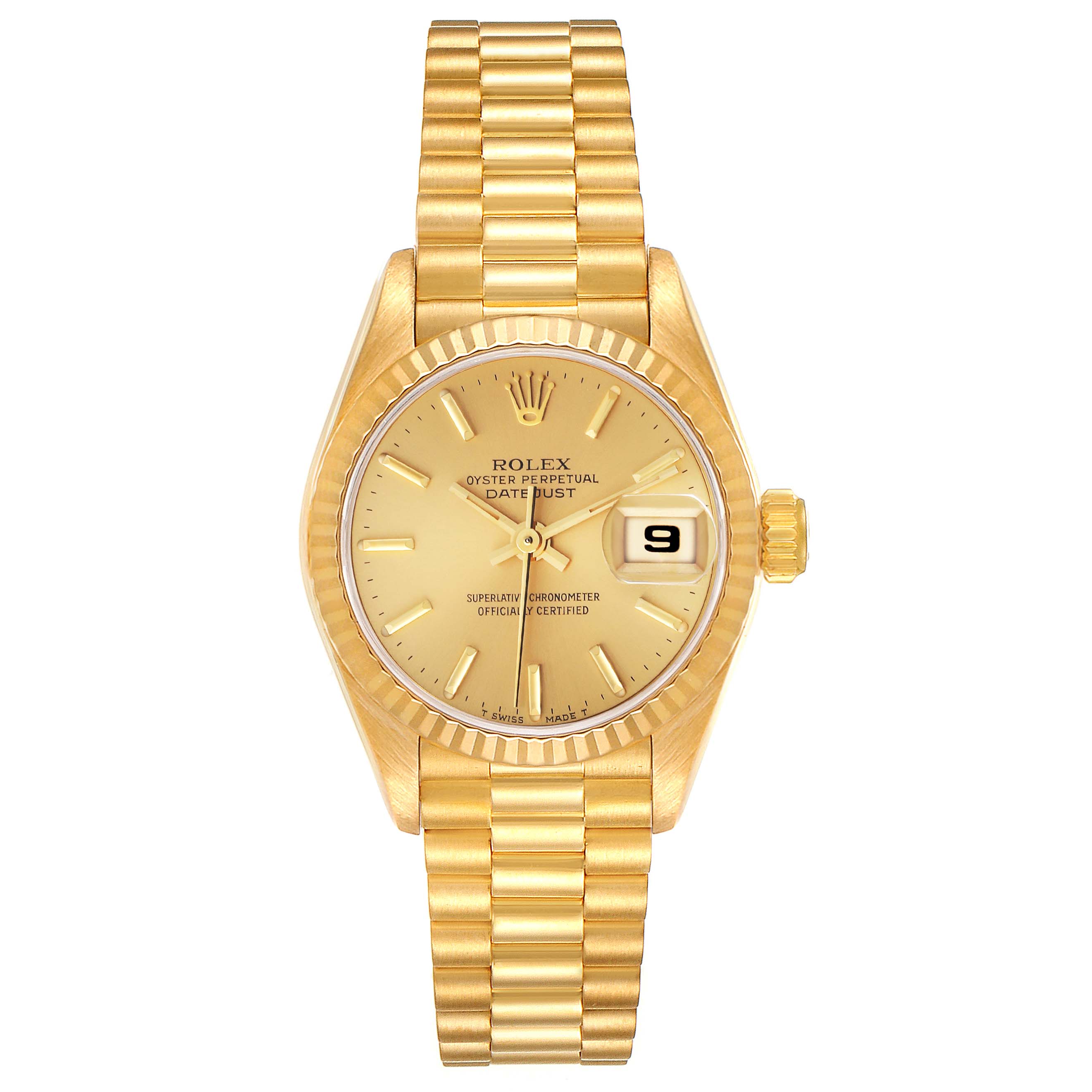 This image shows a front view of a Rolex President 69178 Women's Yellow Gold Champagne Dial 69178 Women's Yellow Gold Champagne Dial model watch, displaying the dial, band, and date window.