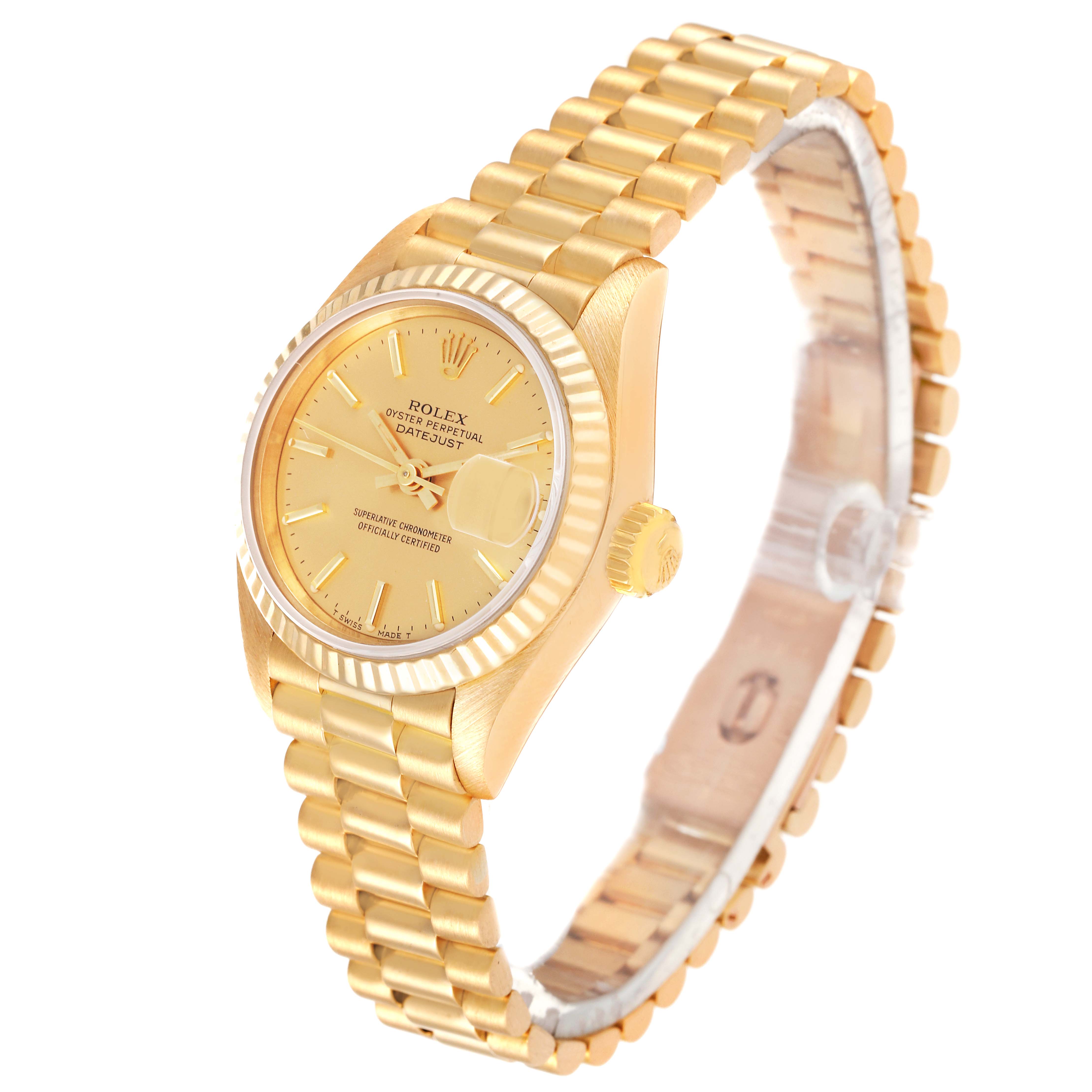The Rolex President 69178 Women's Yellow Gold Champagne Dial 69178 Women's Yellow Gold Champagne Dial model is shown at a slightly elevated angle highlighting the dial, bezel, crown, and bracelet.