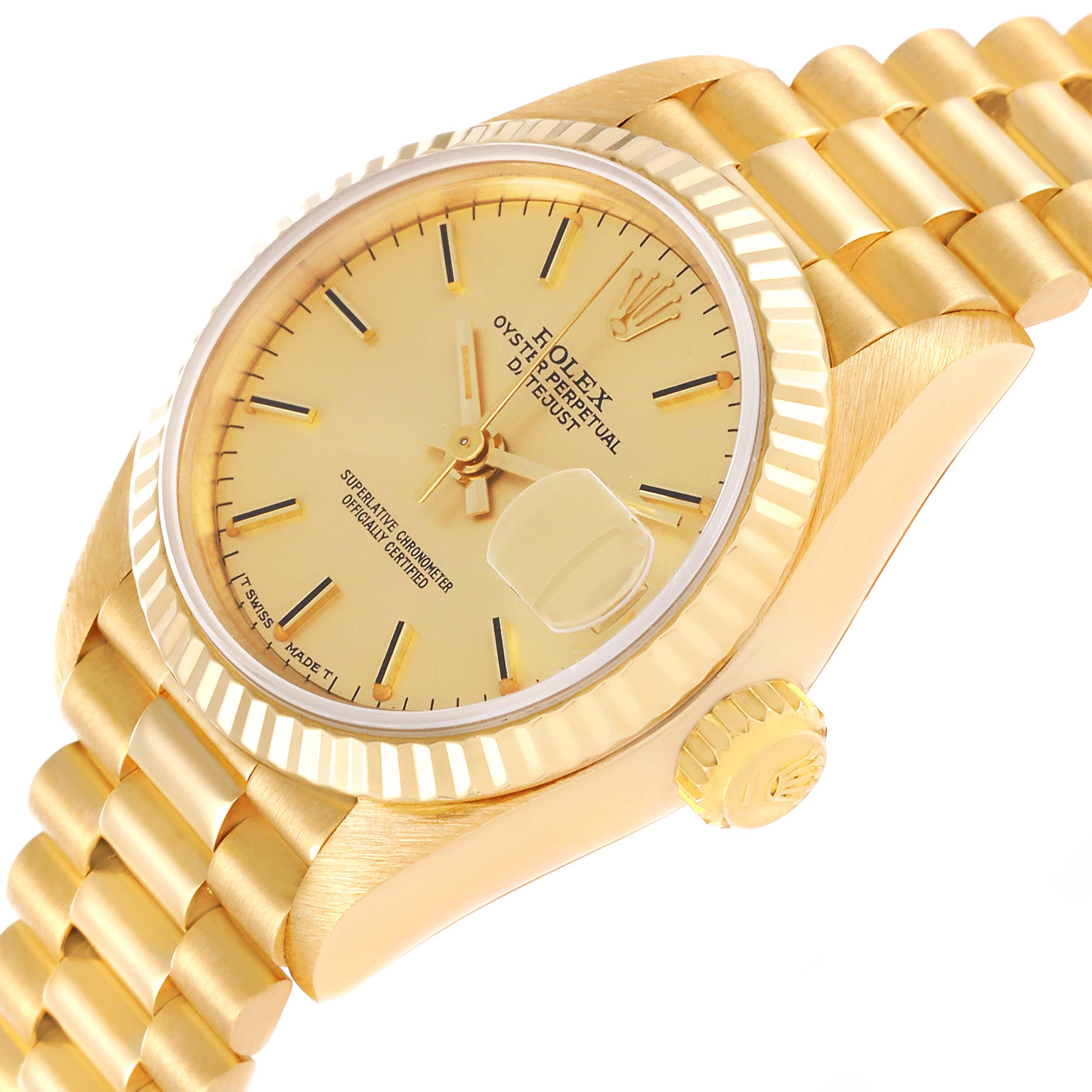 This image shows a Rolex President 69178 Women
s Yellow Gold Champagne Dial 69178 Women
s Yellow Gold Champagne Dial model watch from a side angle, highlighting the dial, fluted bezel, and part of the bracelet.