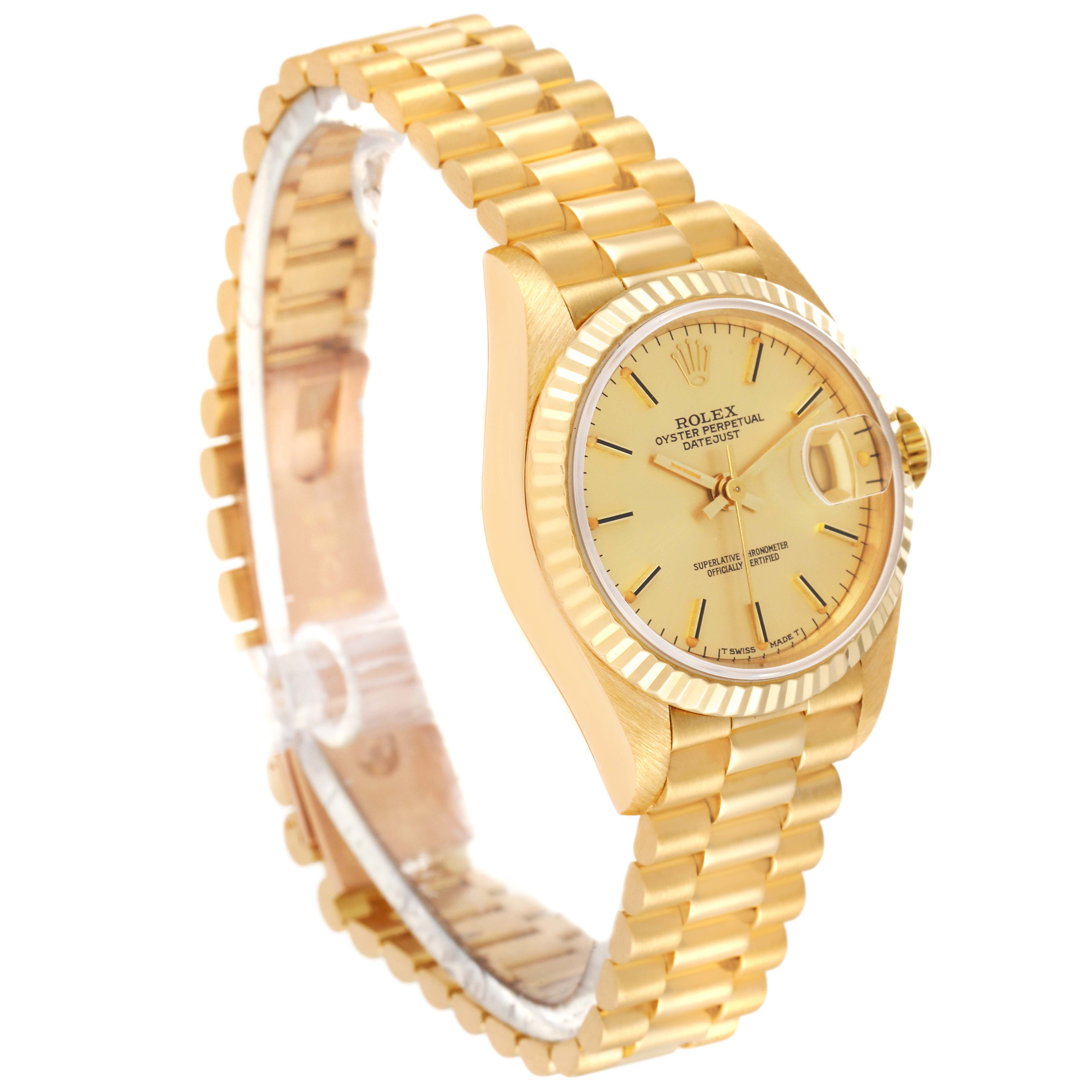 The image shows a side and front view of a gold Rolex President 69178 Women
s Yellow Gold Champagne Dial 69178 Women
s Yellow Gold Champagne Dial model watch, highlighting the bracelet, case, and dial.