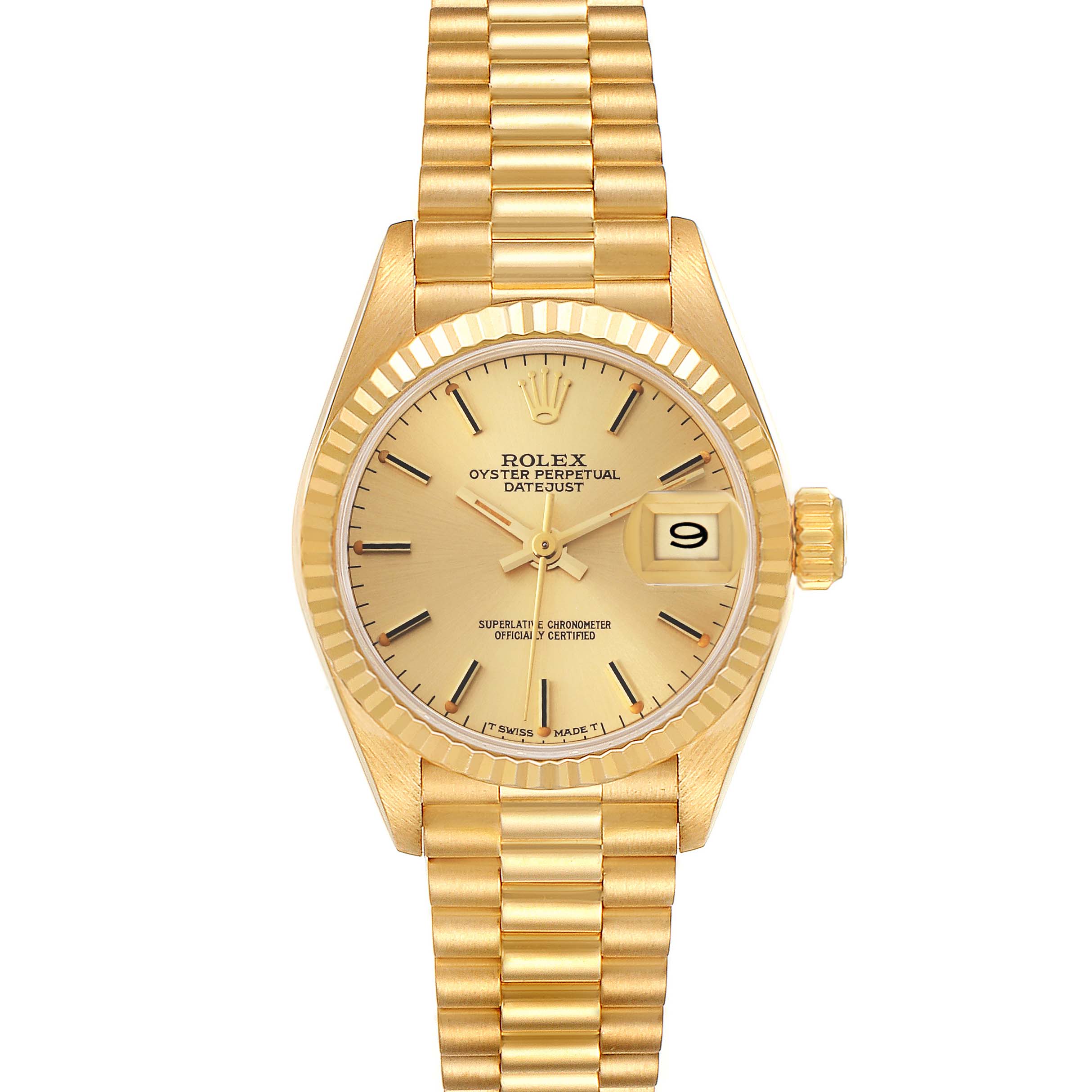 The image shows a frontal view of a Rolex President 69178 Women
s Yellow Gold Champagne Dial 69178 Women
s Yellow Gold Champagne Dial model watch, displaying the face, bezel, and bracelet.