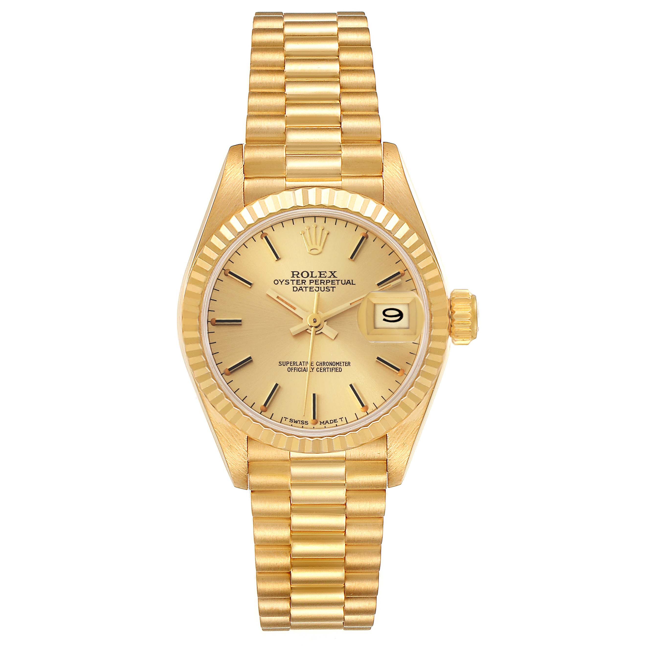 The image shows a front view of a Rolex President 69178 Women
s Yellow Gold Champagne Dial 69178 Women
s Yellow Gold Champagne Dial model with a gold dial, fluted bezel, and President bracelet.